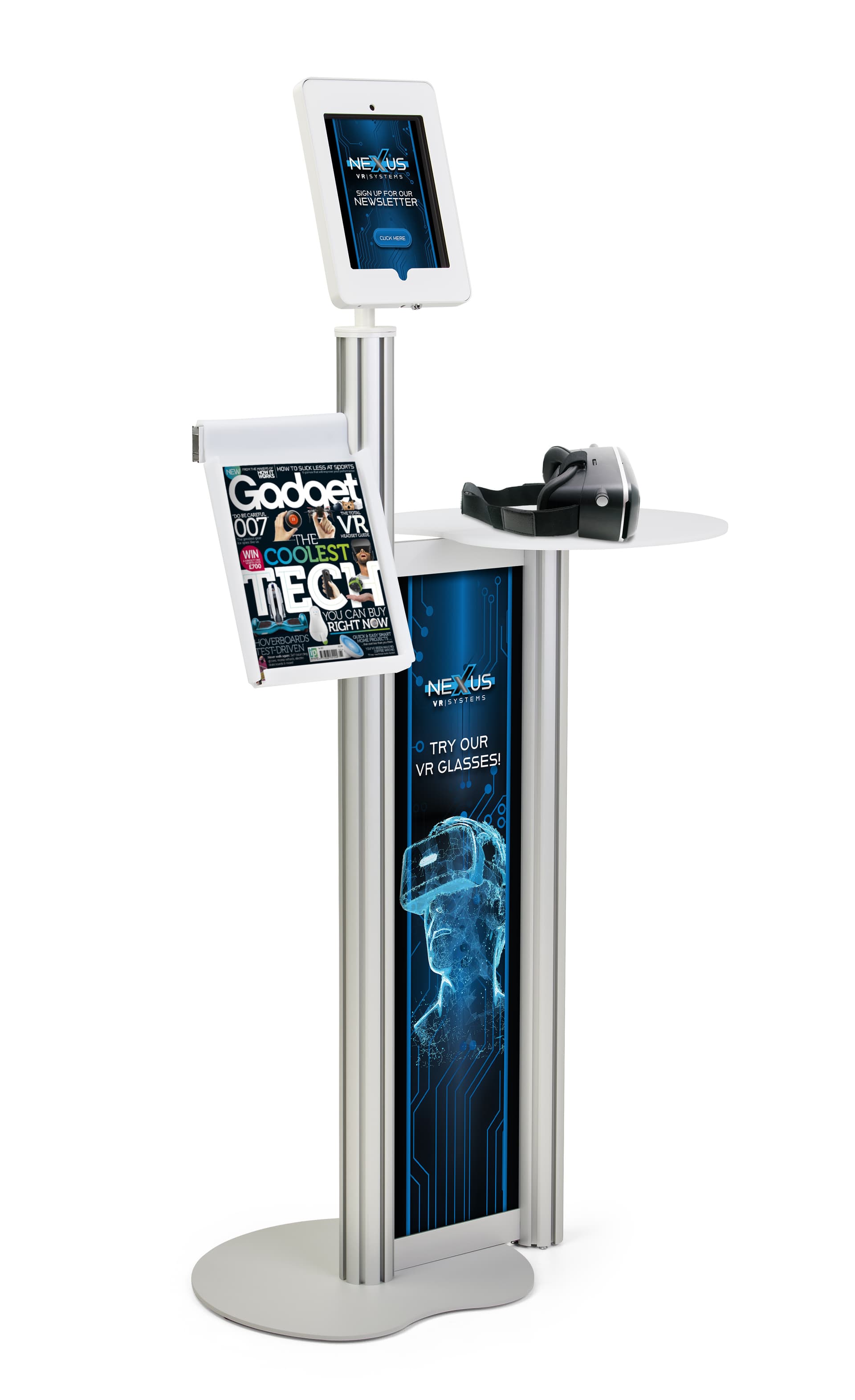 Floor standing iPad display table with custom graphics printed double-sided