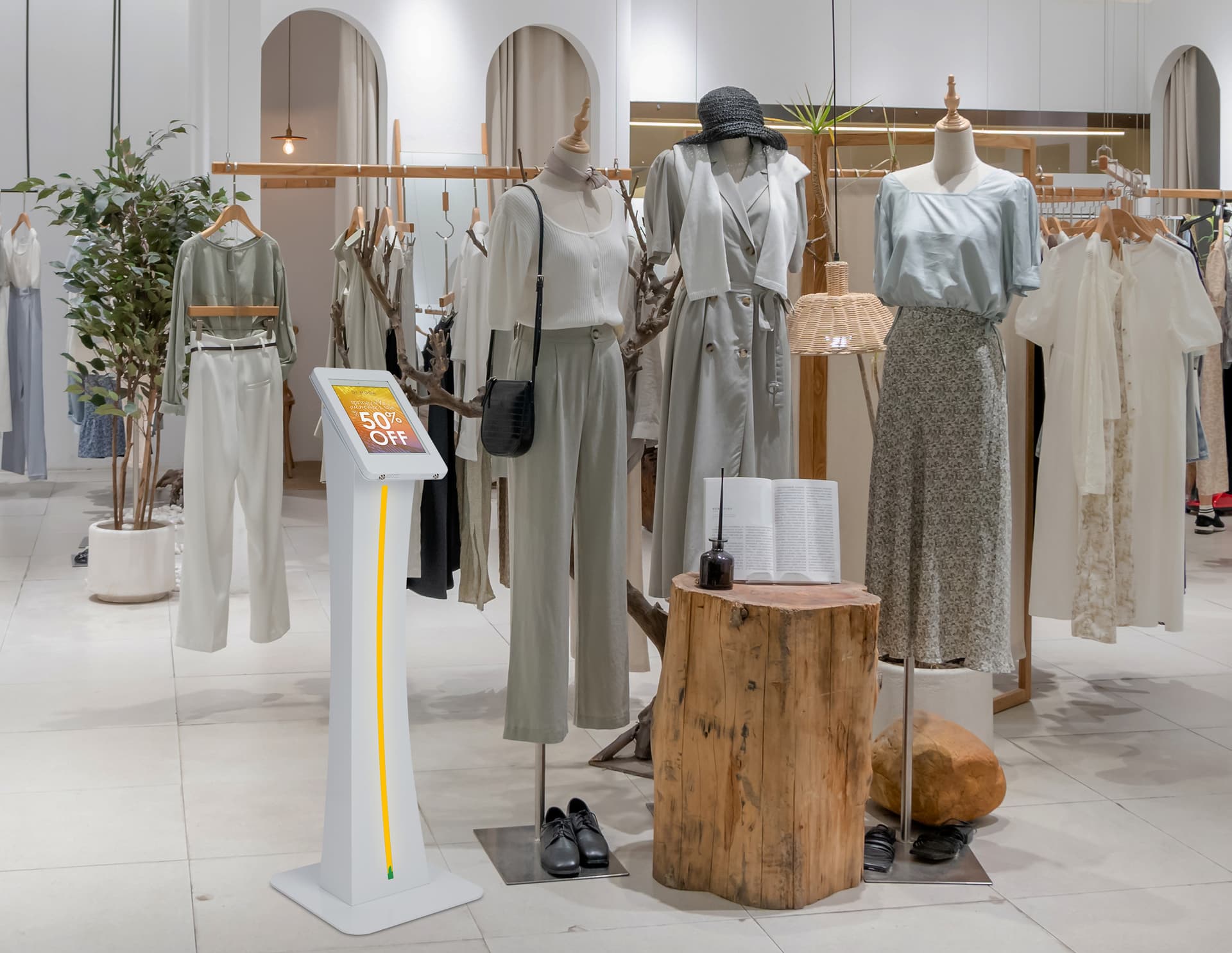 Edge-lit iPad kiosk with floor stand placement