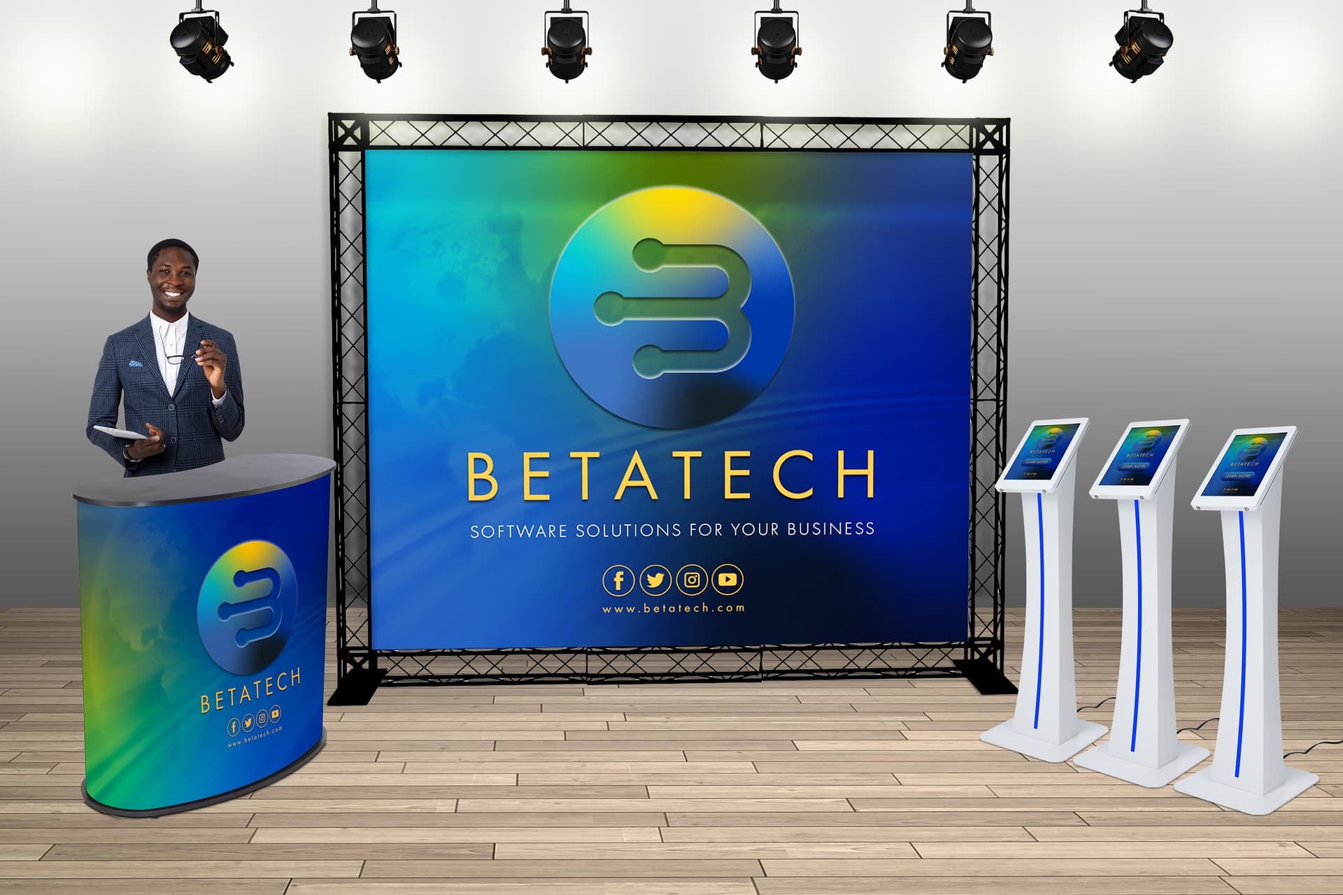Edge-lit iPad kiosk with power strip for charging