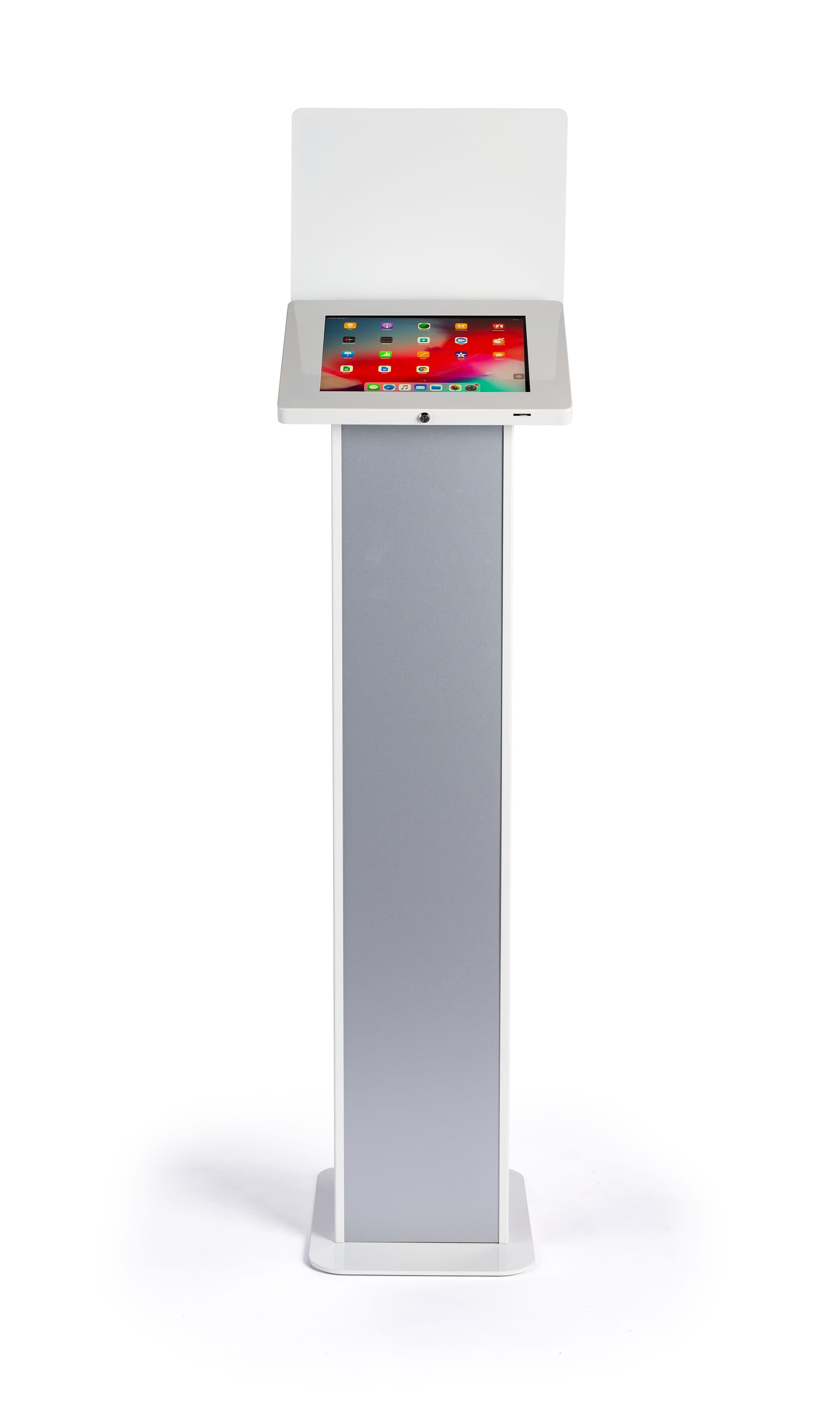 Elegant modern silver and white iPad panel kiosk