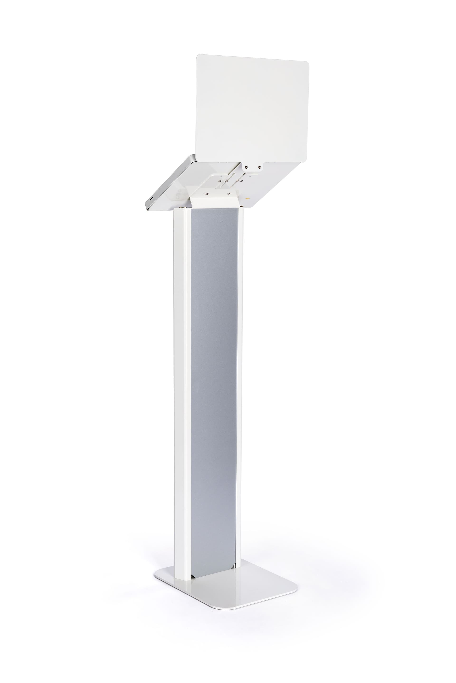 Silver and white iPad panel kiosk with reinforced sturdy base