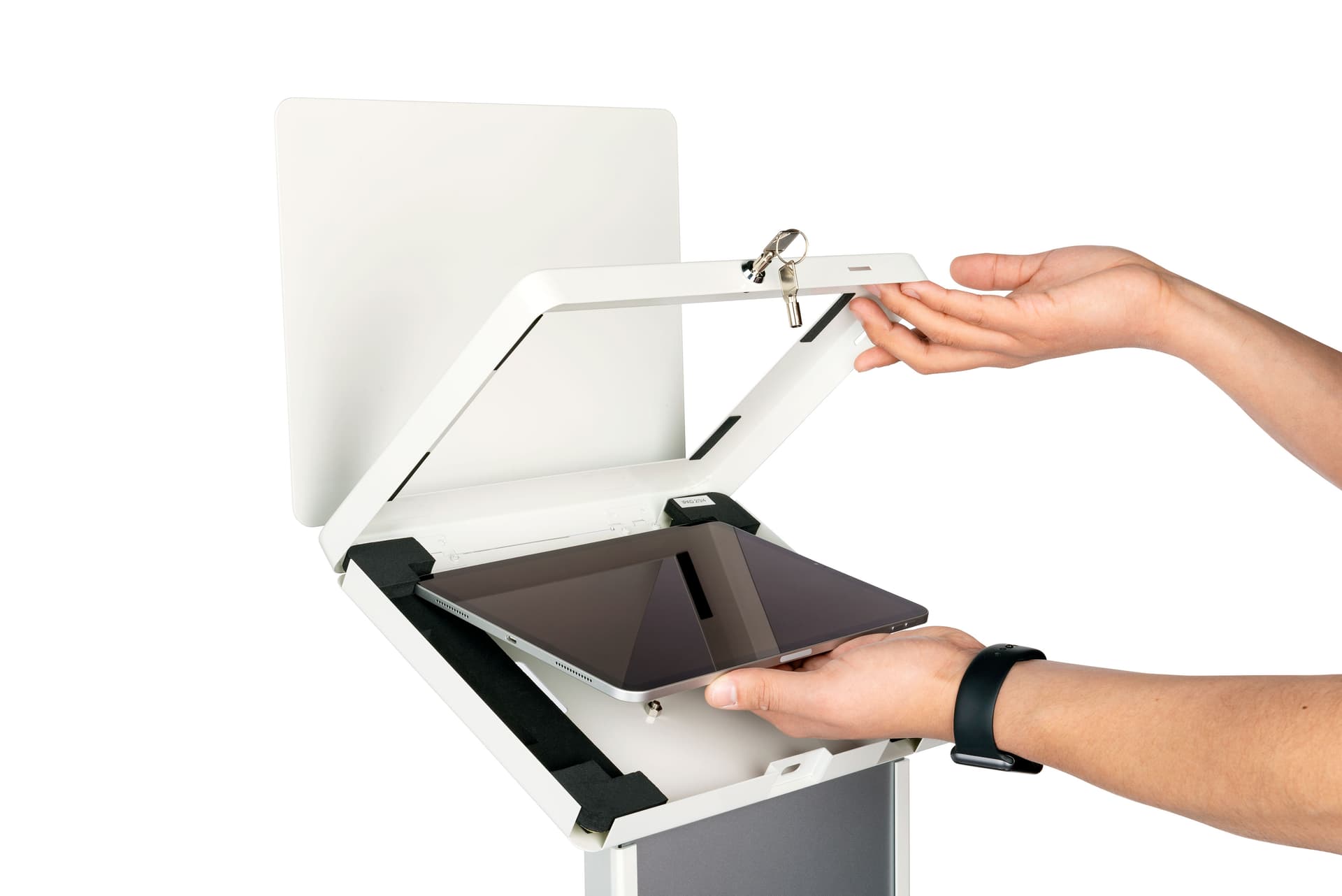 Silver and white iPad panel kiosk easy to input devices