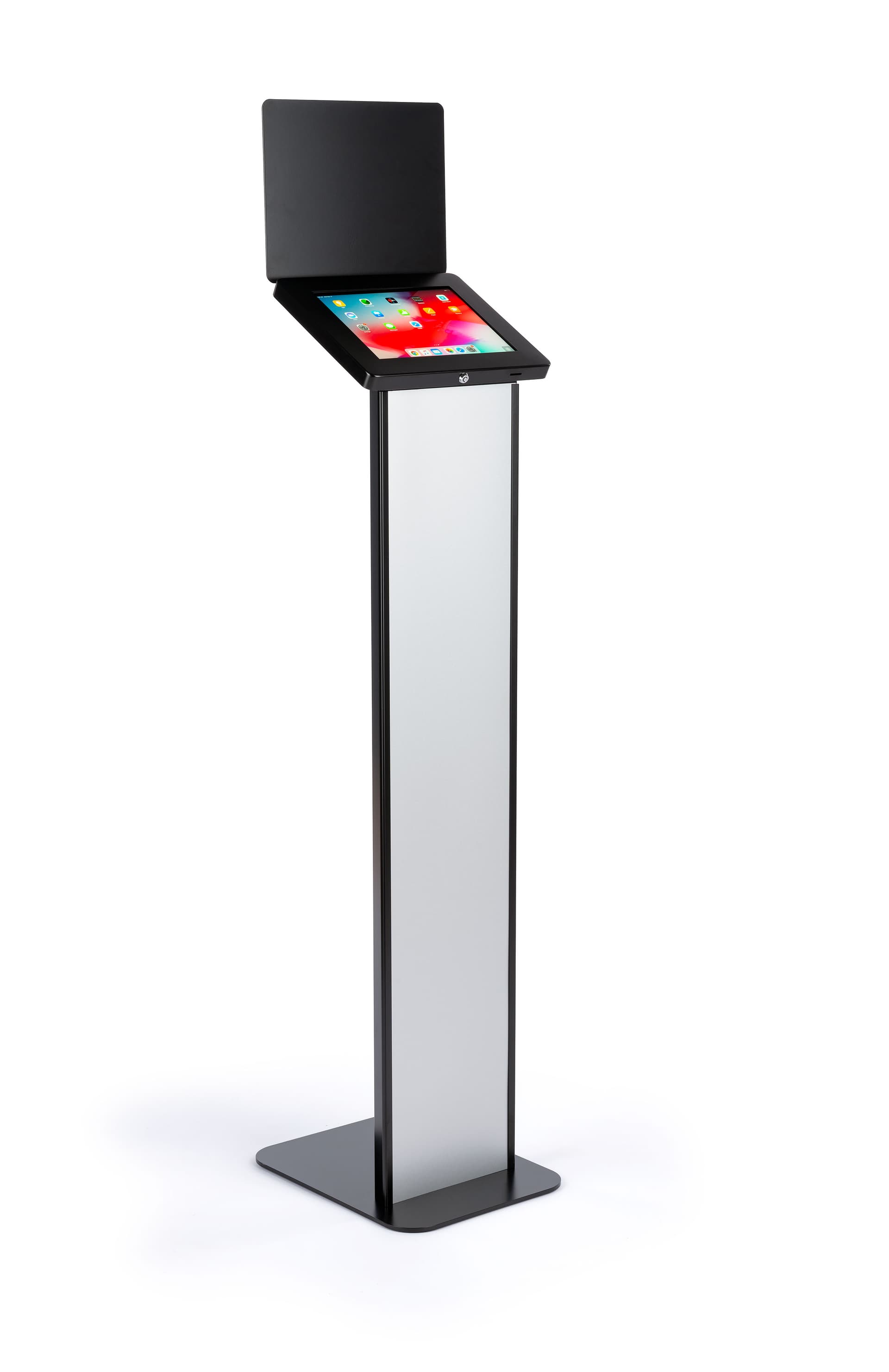 Black and silver brandable tablet kiosk with modern and slim design