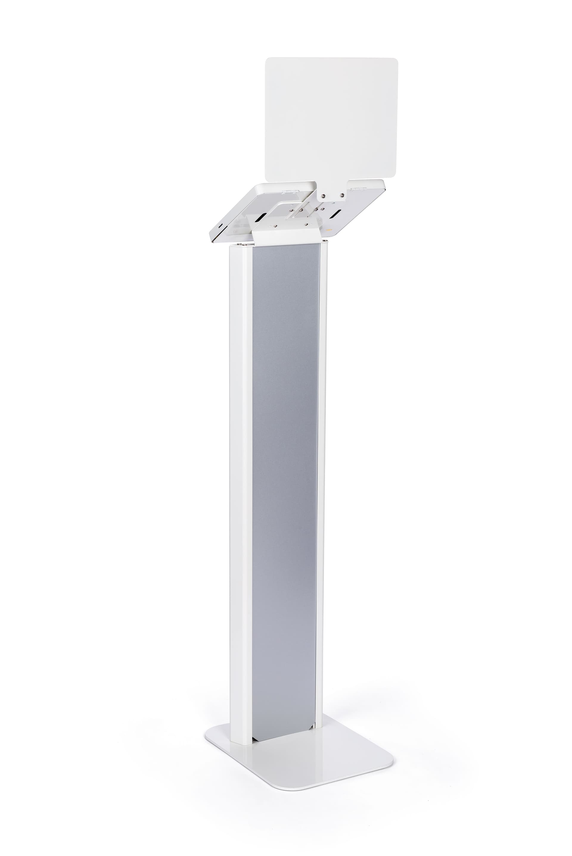 White  iPad kiosk with panel with secure reinforced base