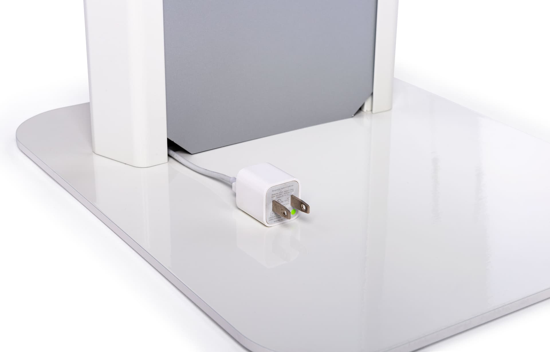 White  iPad kiosk with panel with back panel cable management