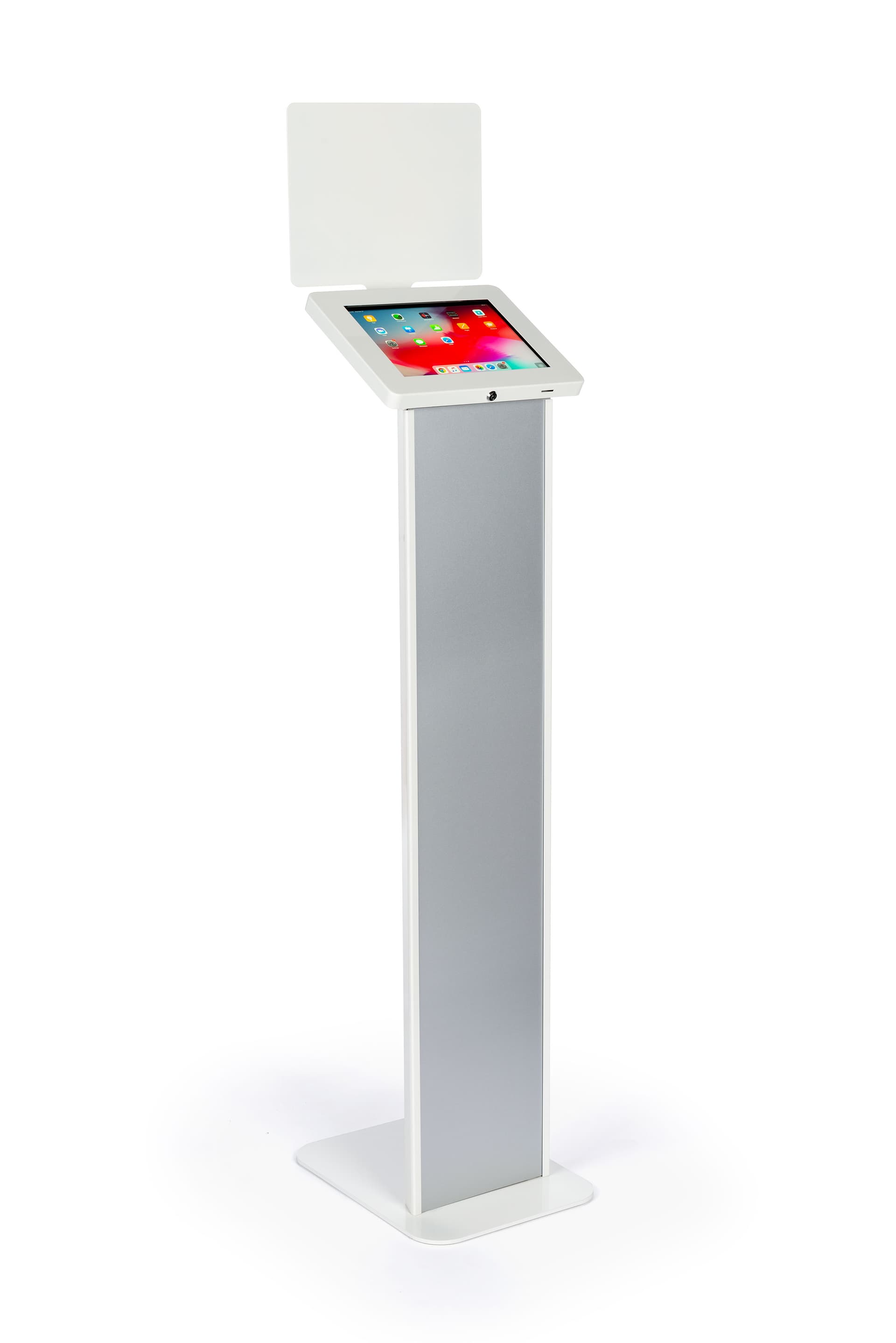 Freestanding white iPad kiosk with panel for 9.7" devices