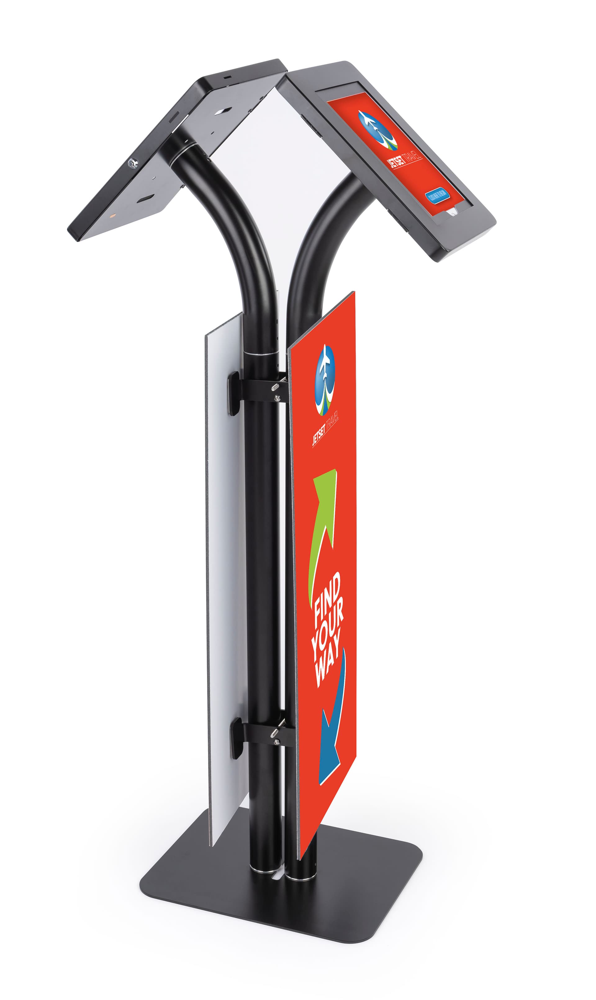 Convertible printed double tablet kiosk with steel black brackets