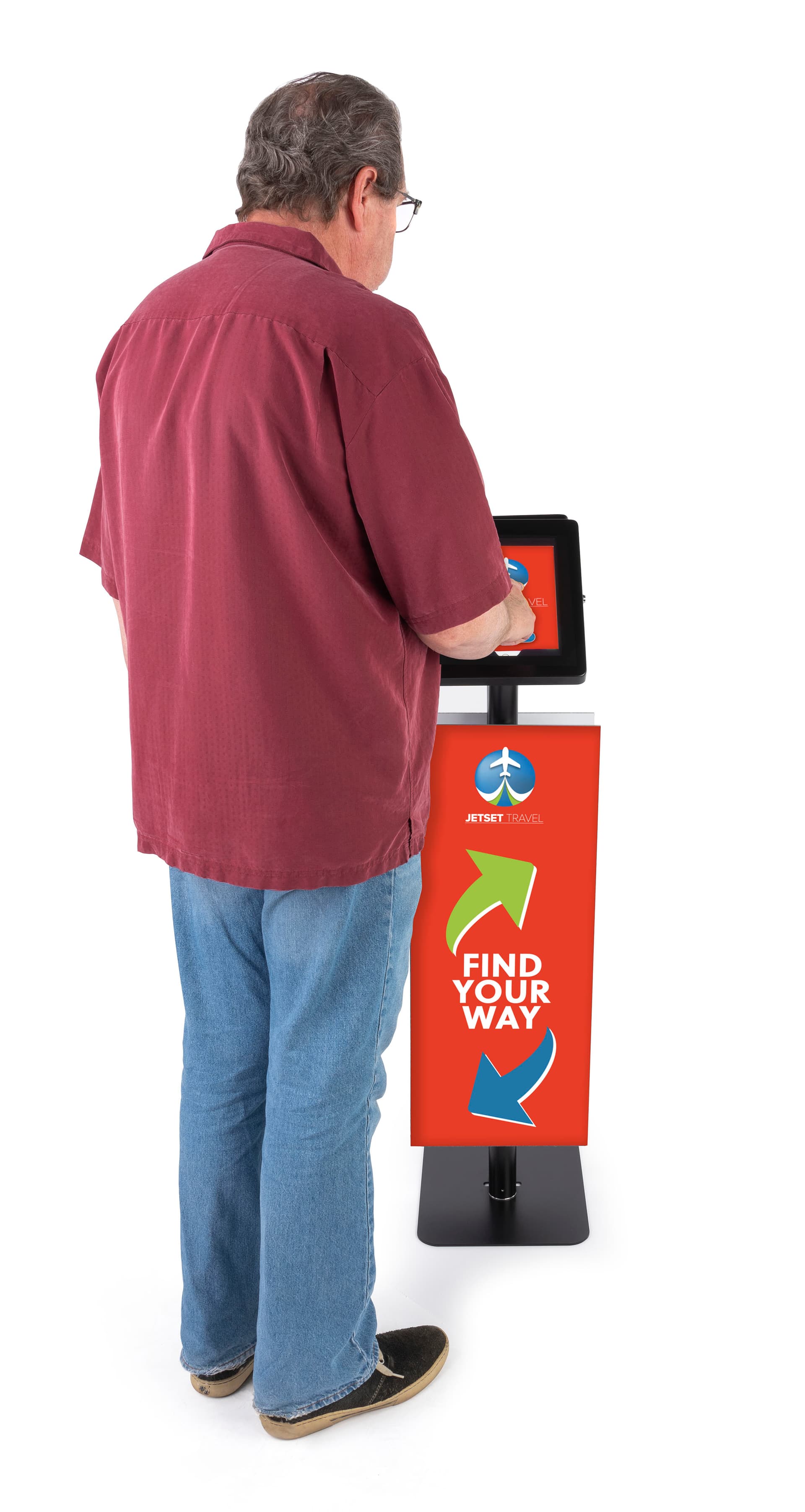 Convertible printed double tablet kiosk with accessible floor standing height