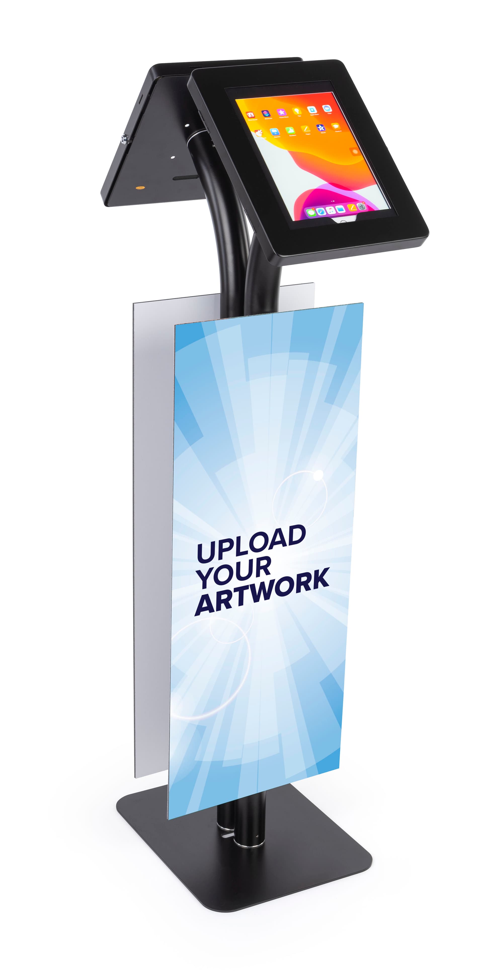 Convertible printed double tablet kiosk with set of two 12 x 30 inch foam boards