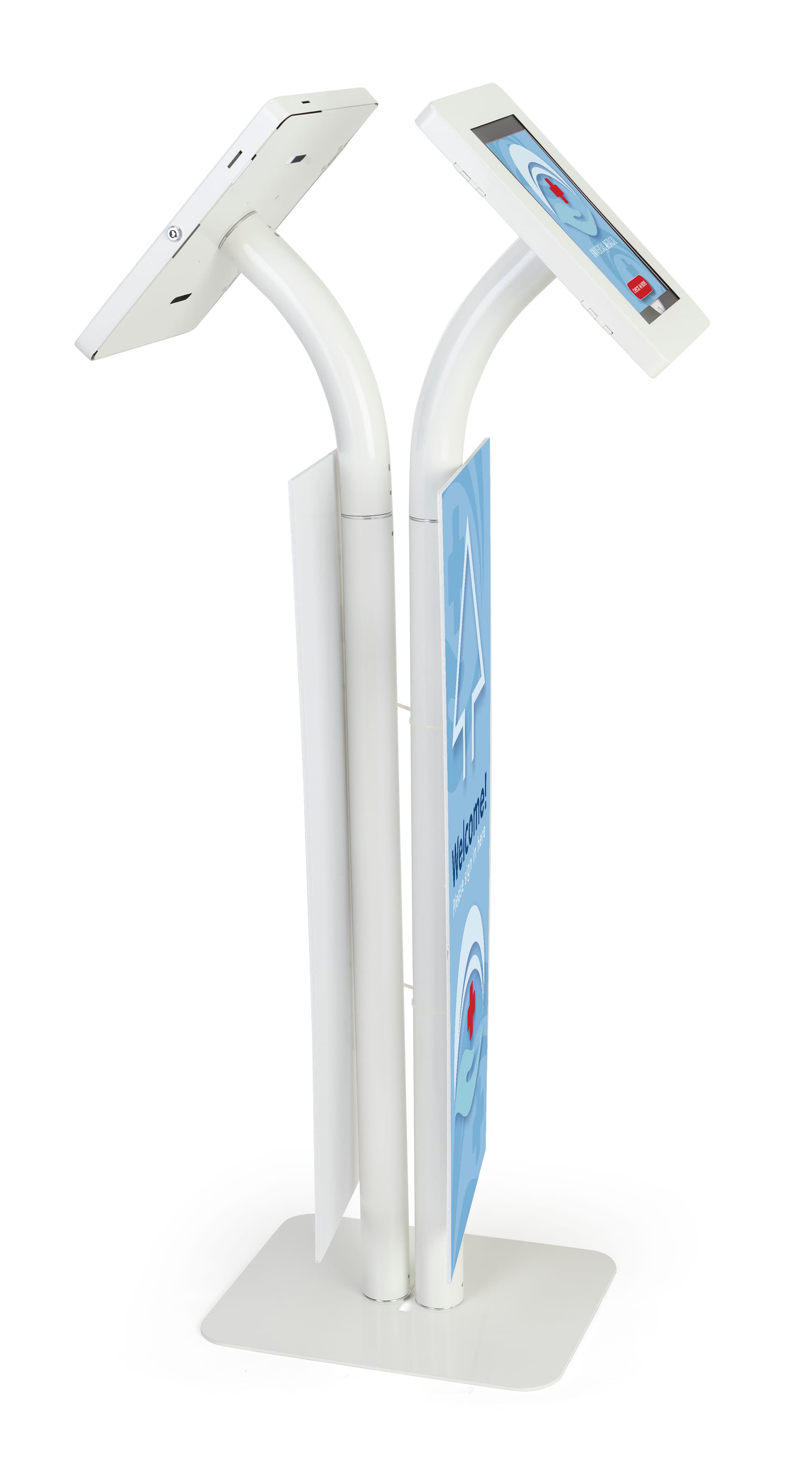 Adjustable branded dual tablet floor stand with matching steel brackets