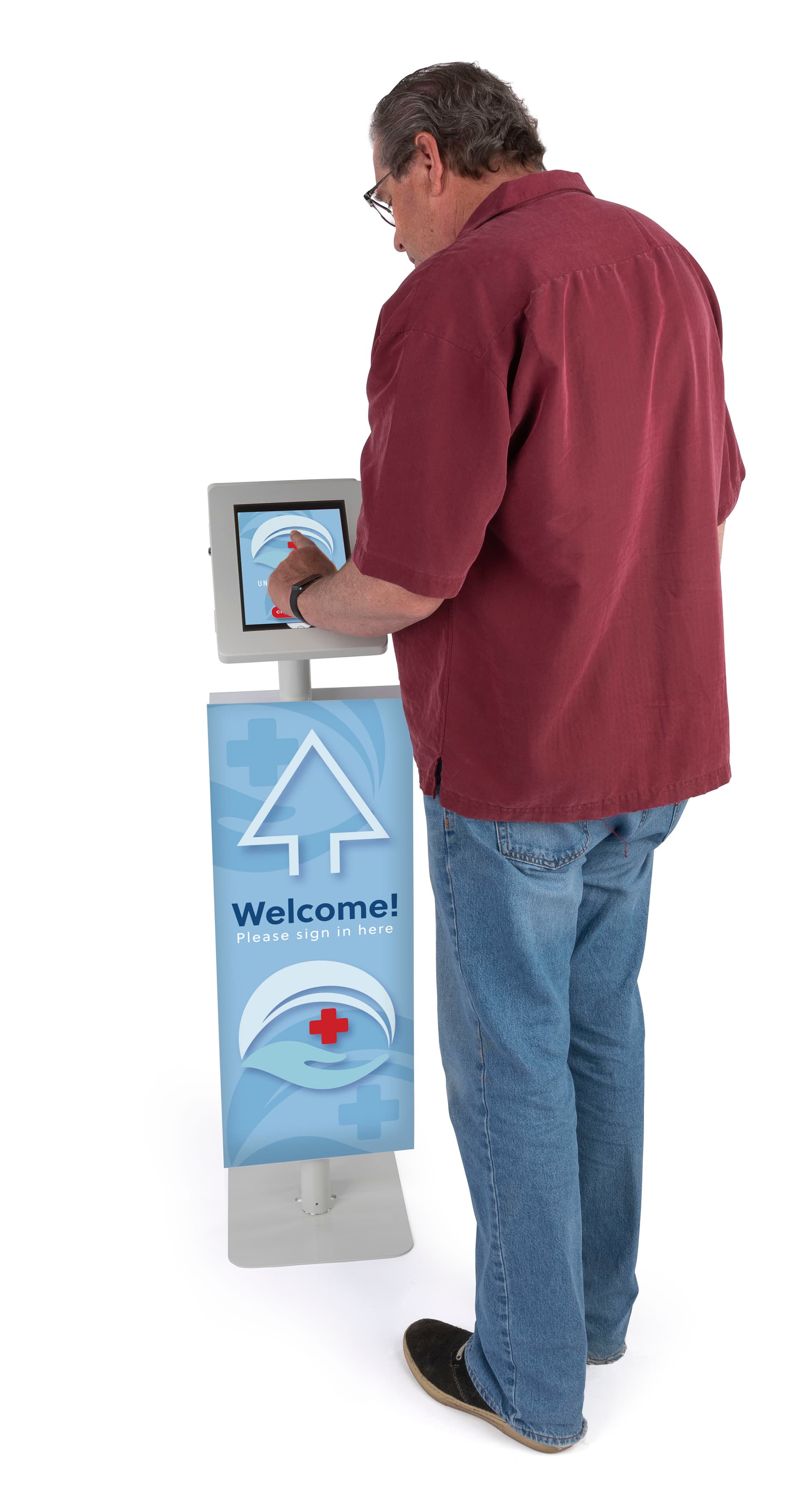 Adjustable branded dual tablet floor stand with accessible floor standing configuration