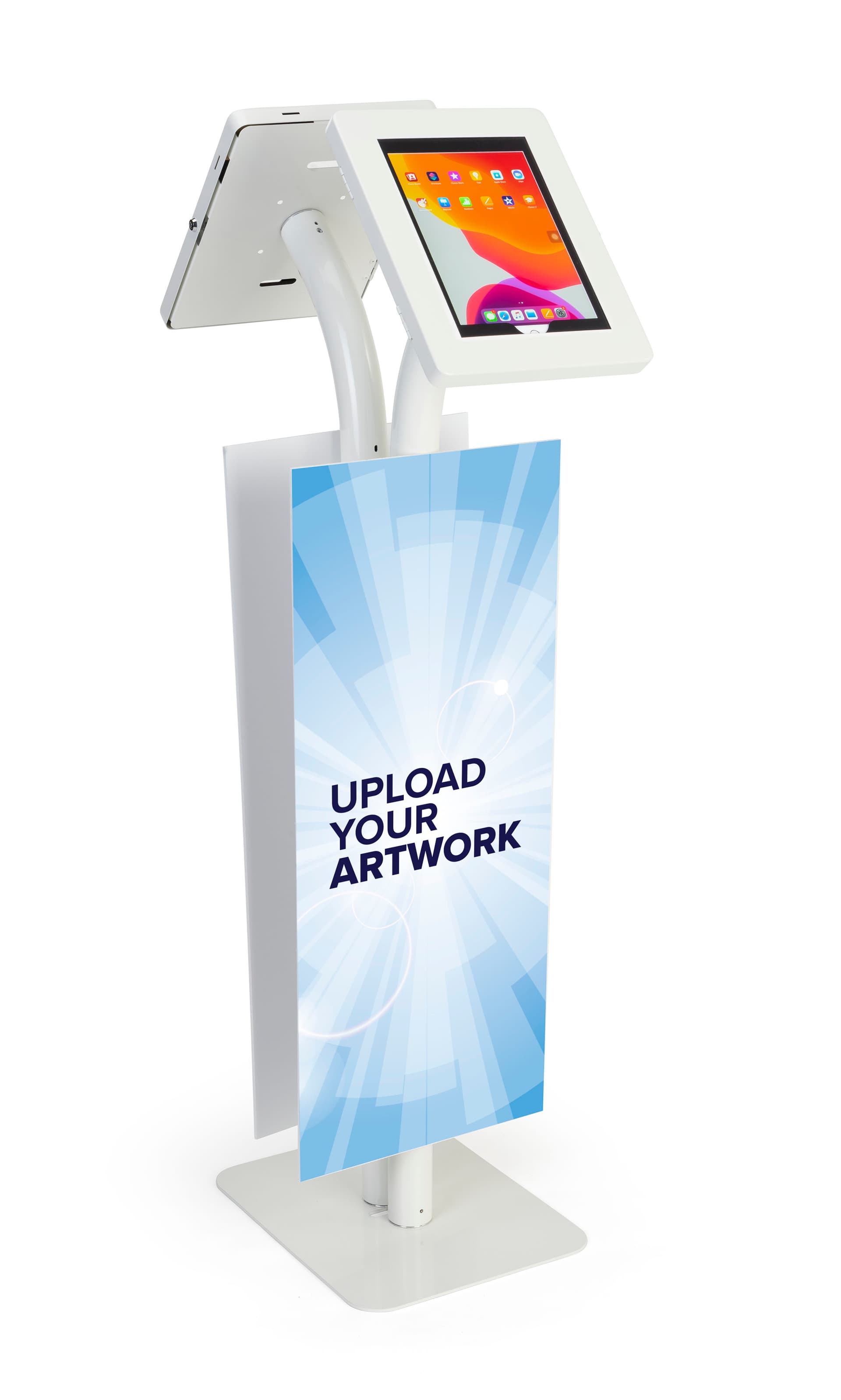 Adjustable branded dual tablet floor stand with rotating steel enclosures