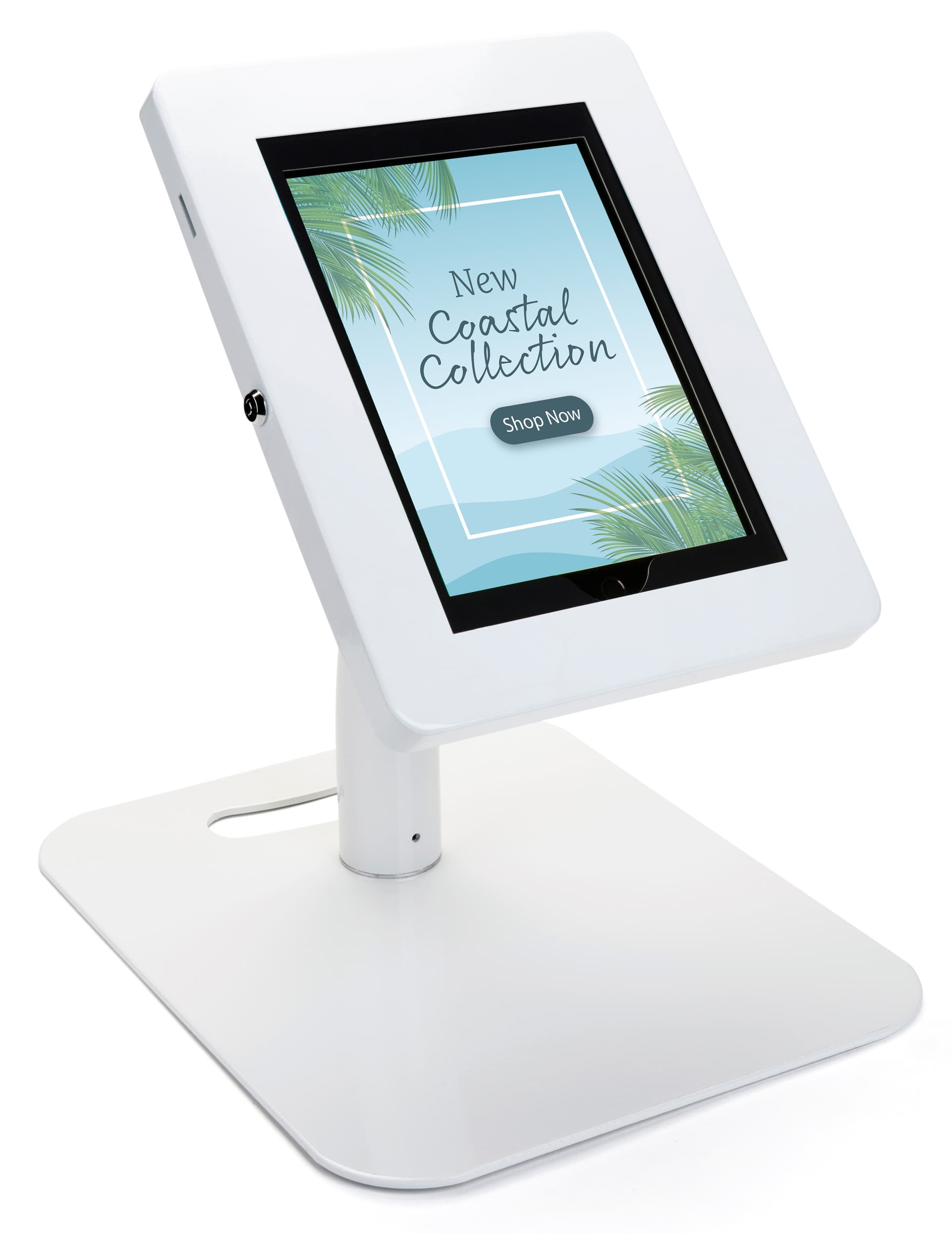 Floor to Counter Tamper-Proof Tablet Holder, Shown at Table Height