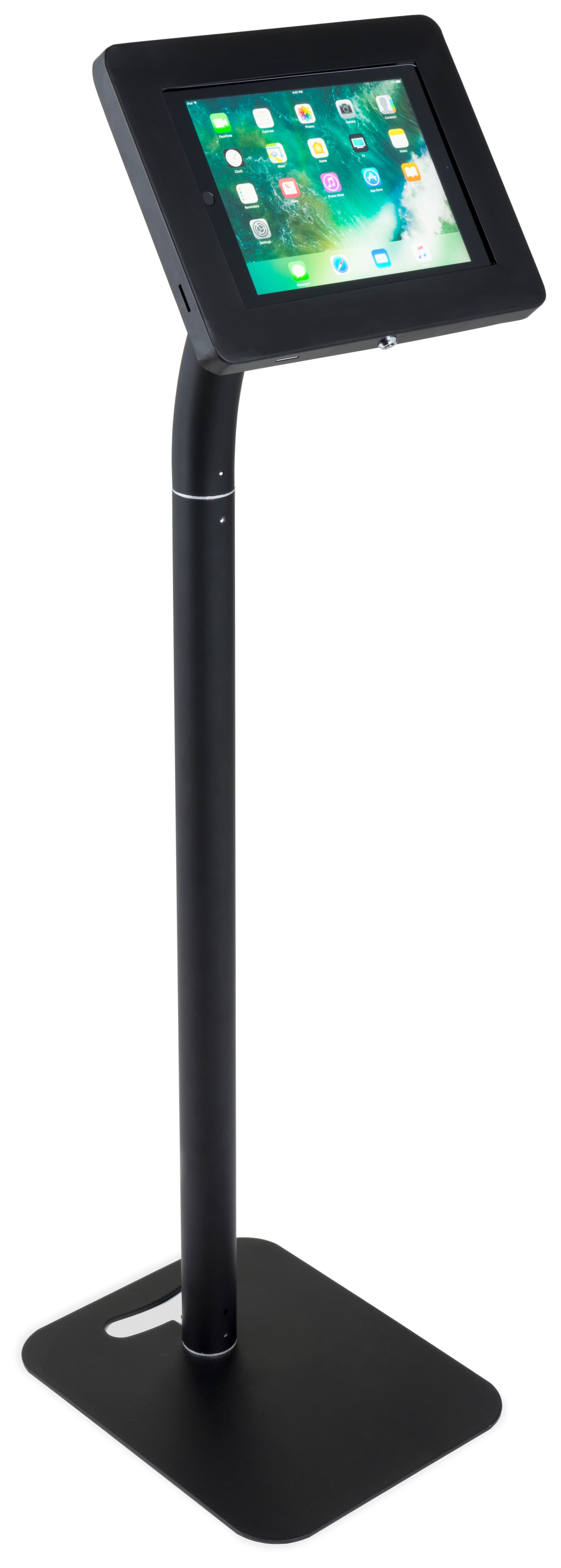 Height adjustable iPad display with graphics and rotating enclosure 
