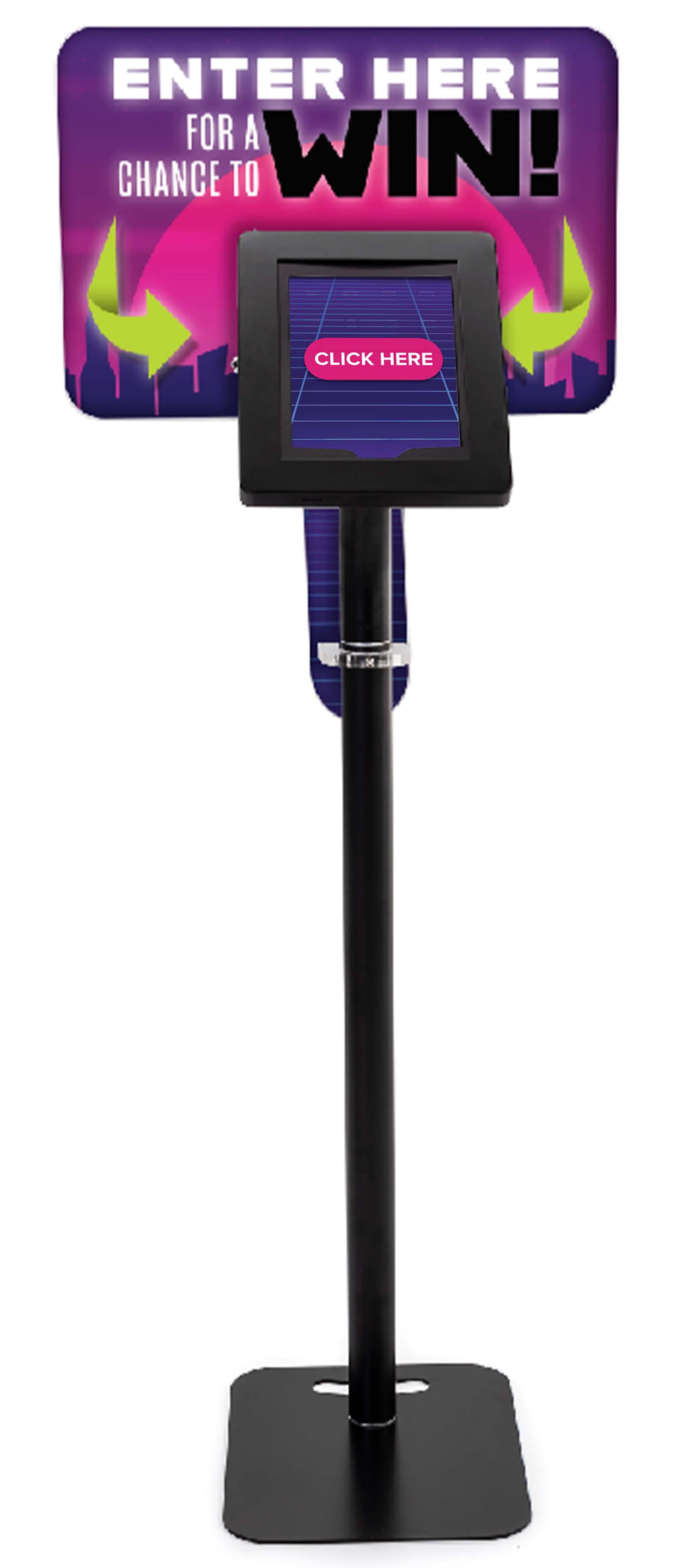 Height adjustable iPad display with graphics made from black steel