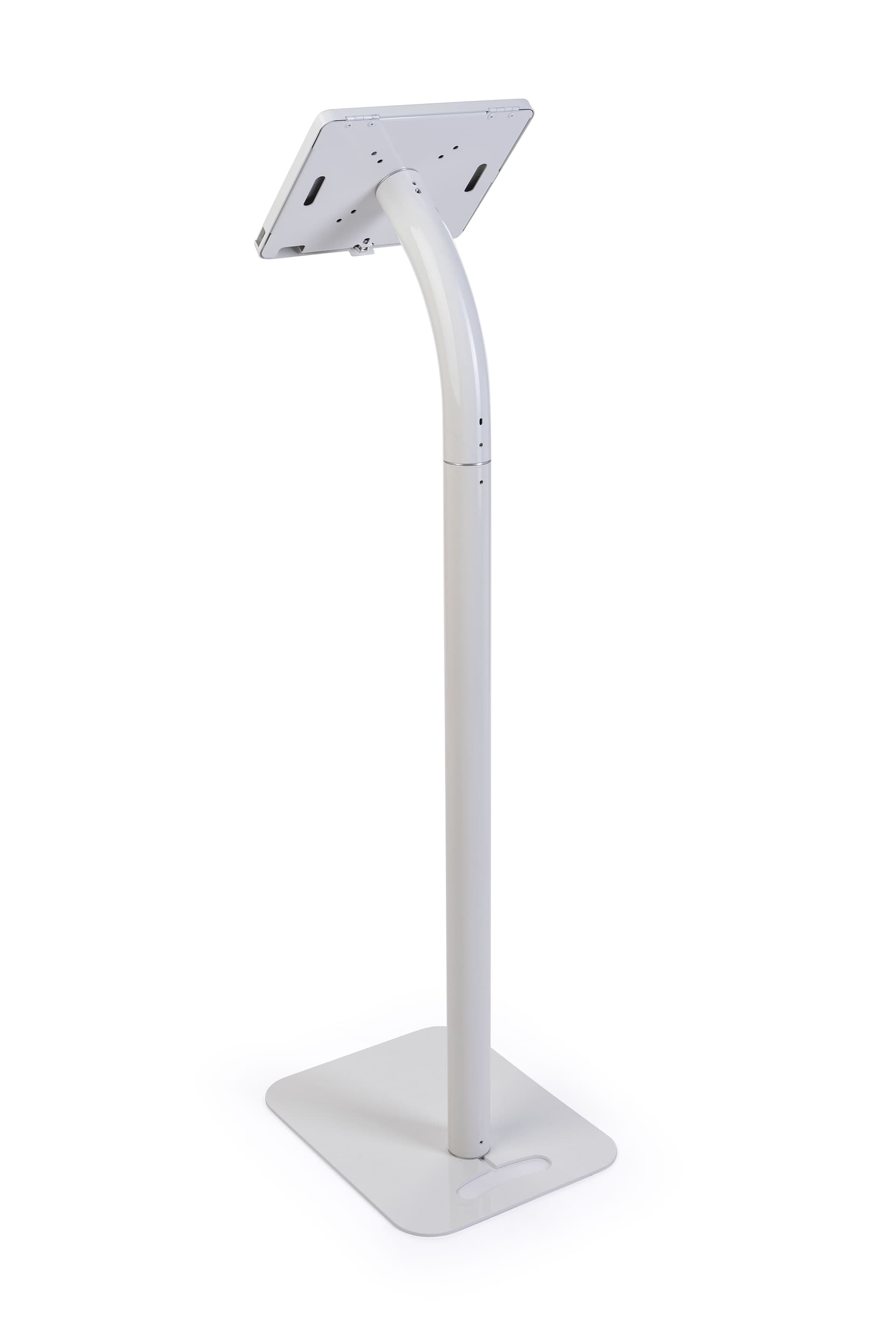 Floorstanding adjustable 12.9 iPad pro stand with white finish gooseneck arm 