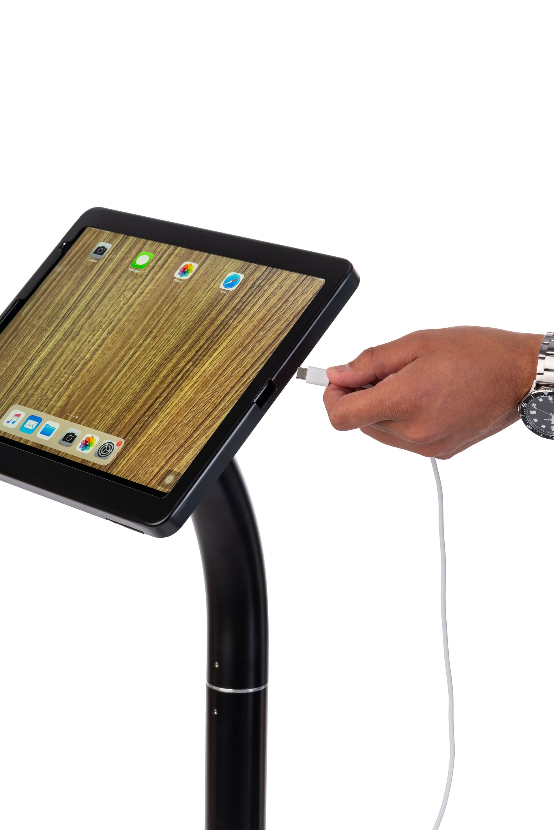 Adjustable iPad pro 12.9" floor stand with charging port opening 