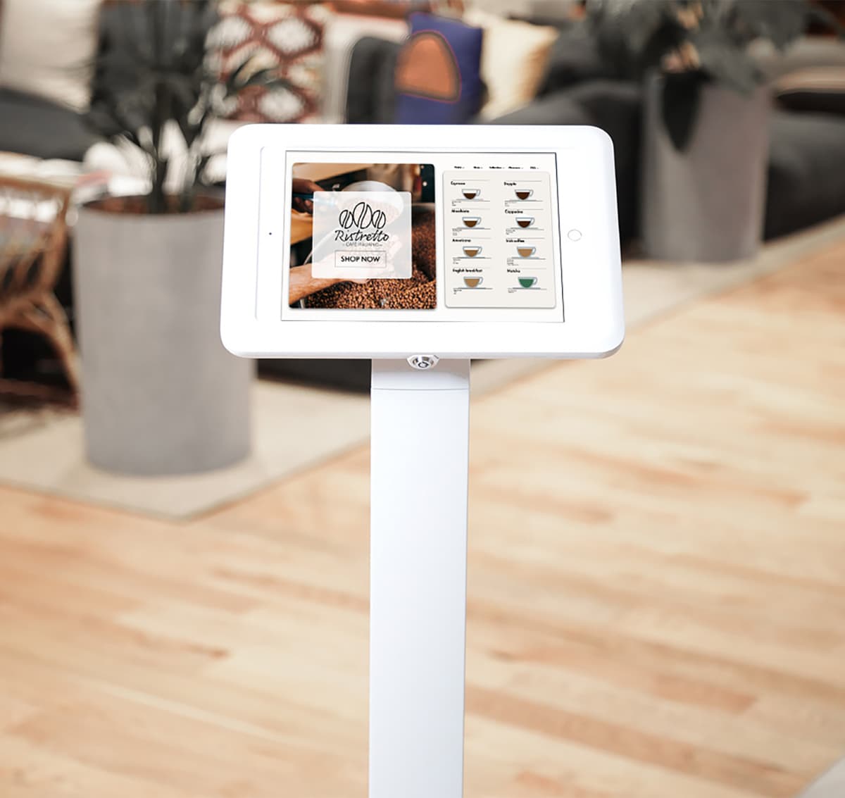 IPad kiosk stand showcasing a coffee shop menu 