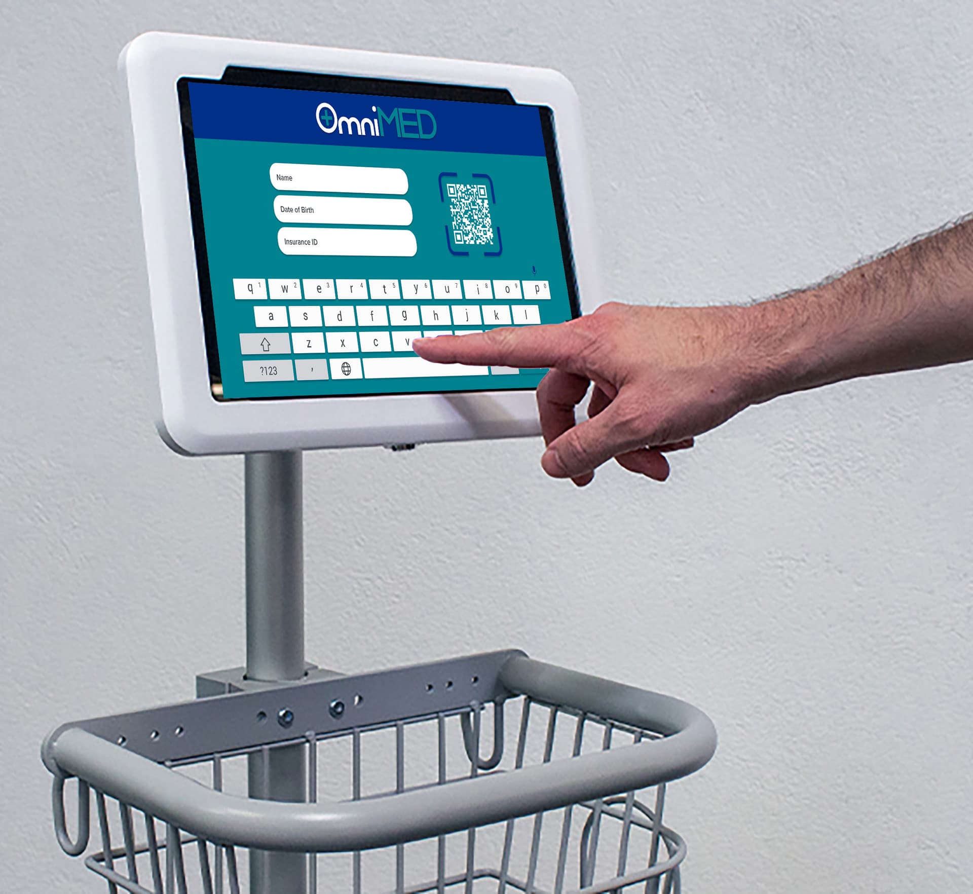 Medical mobile iPad cart showcasing a person interacting with the tablet on the medical cart