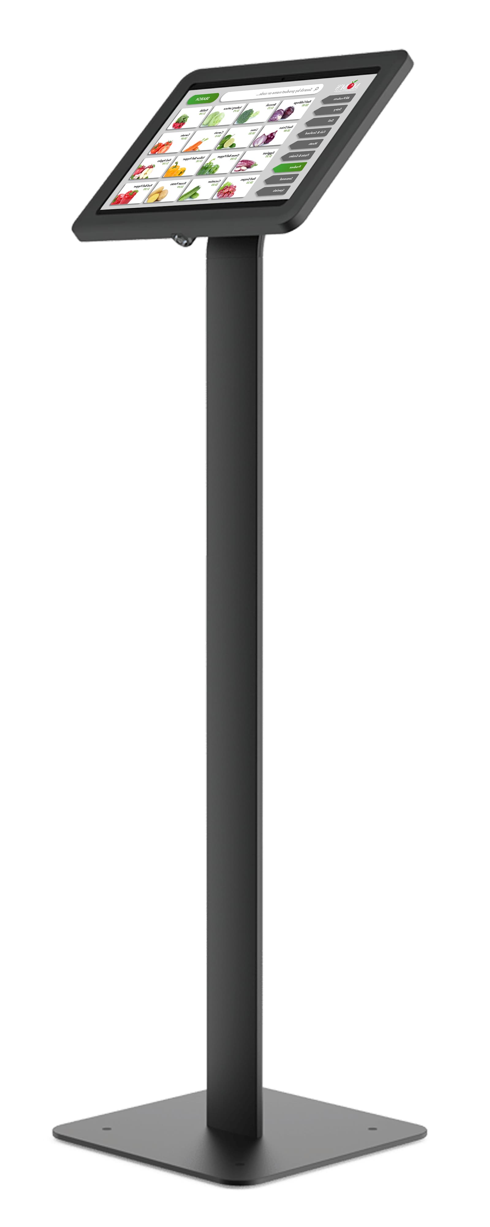 Floor standing Microsoft Surface tablet holder showcasing farmers market POS imagery