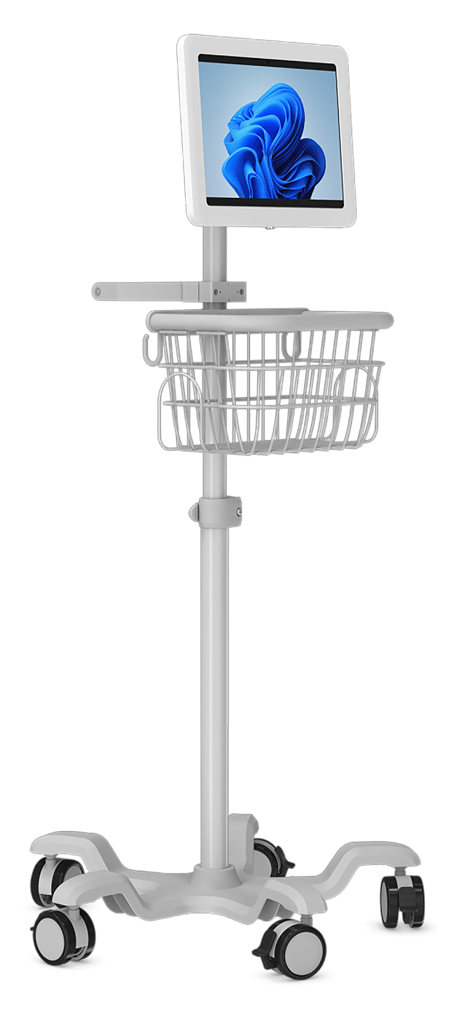 Mobile tablet cart for Surface Pro with clean white aluminum construction