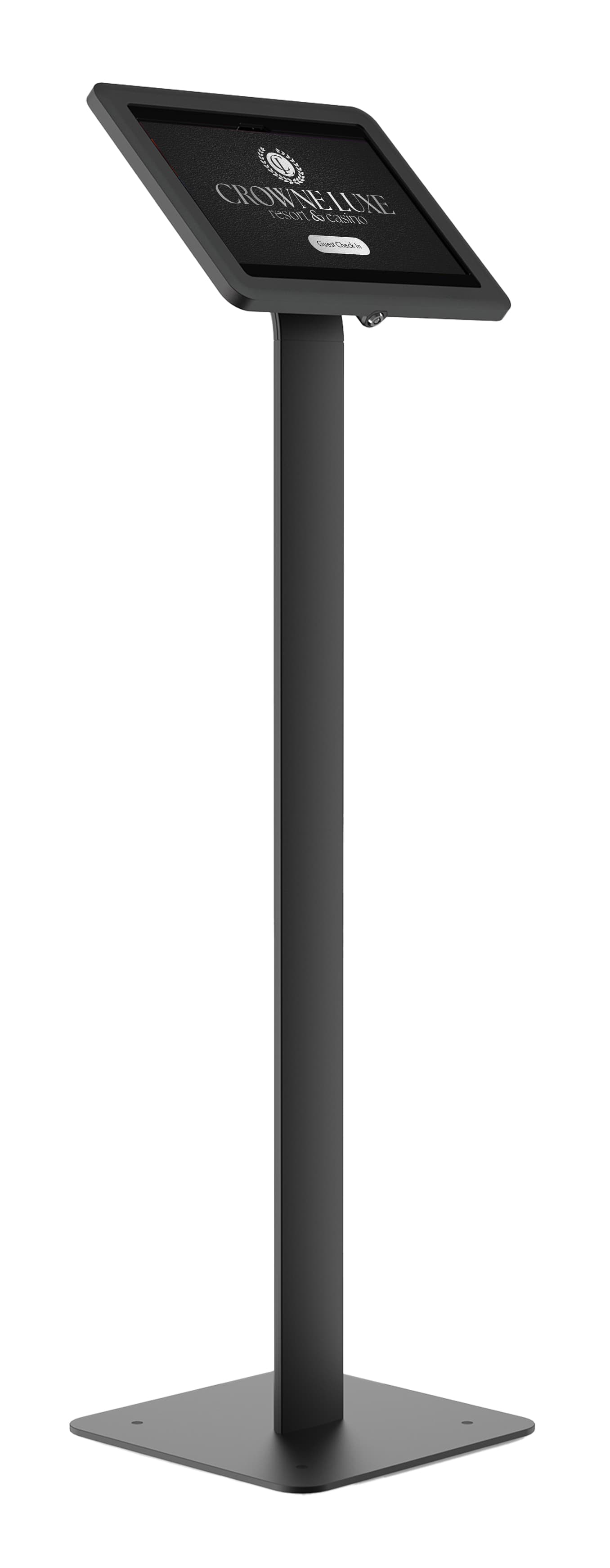 Floorstanding Samsung Galaxy tablet holder showcasing a hotel self service check in screen