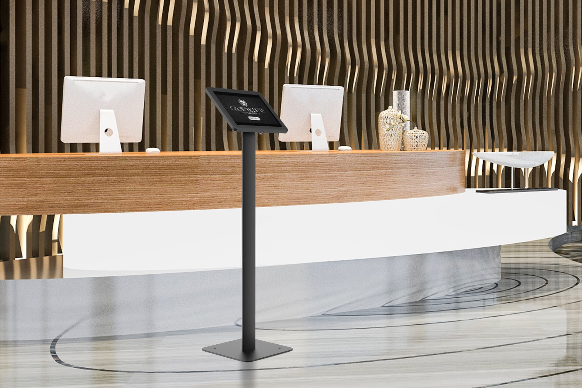 Floorstanding Samsung Galaxy tablet holder being utilized in a hotel lobby 