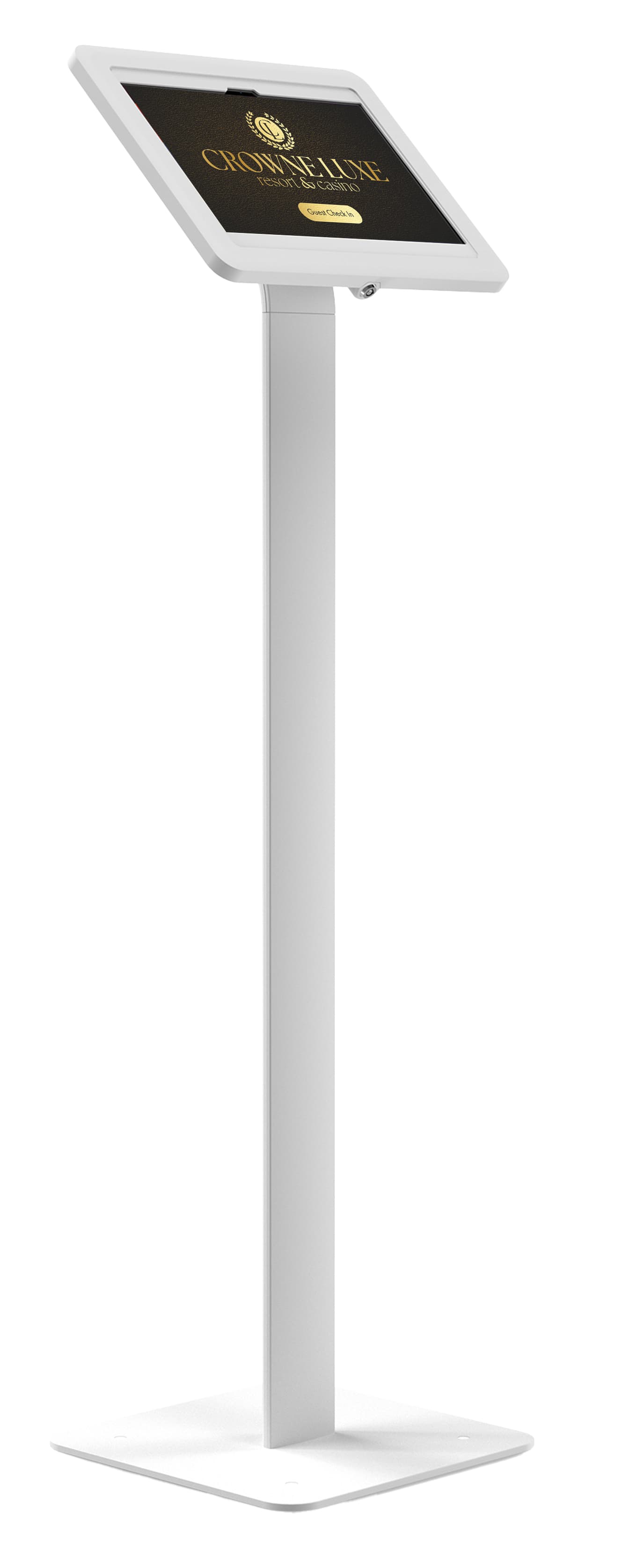 Floorstanding Samsung Galaxy tablet holder exhibiting a hotel lobby check in screen displayed on the tablet