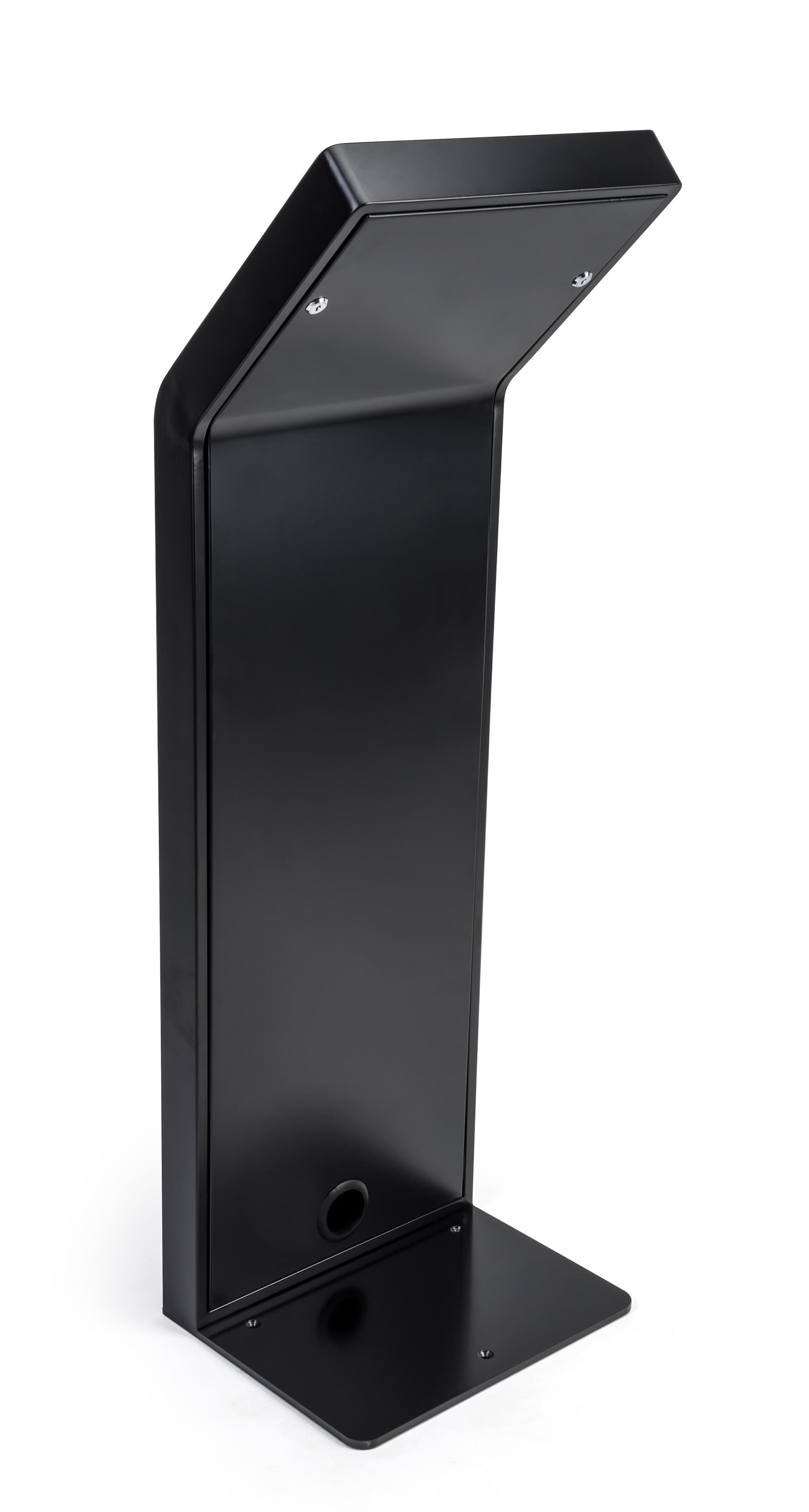 Custom backlit graphic iPad kiosk in sleek black aluminum and steel