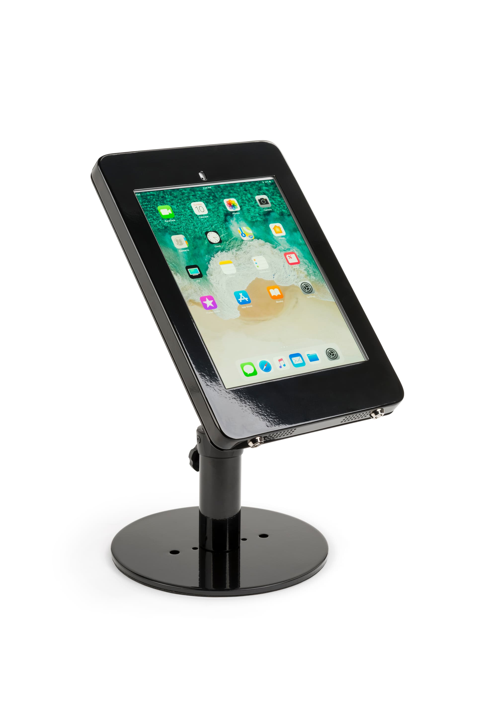 Countertop locking iPad Pro tablet stand with pre-drilled round base