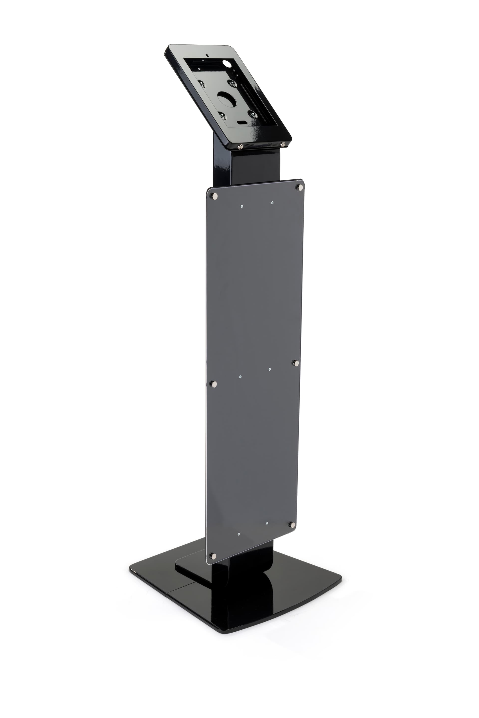Pillar base iPad Pro kiosk with printed poster and locking housing