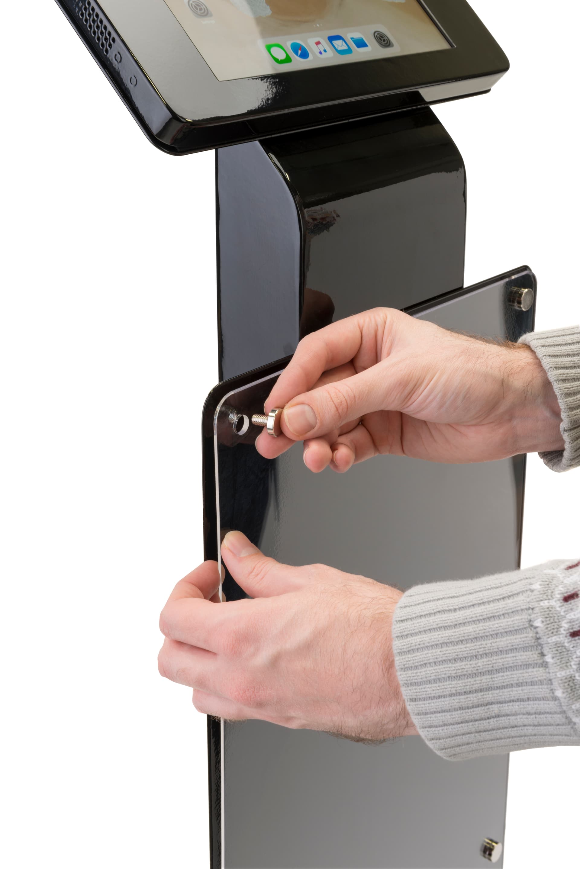 Pillar base iPad Pro kiosk with printed poster and acrylic overlay