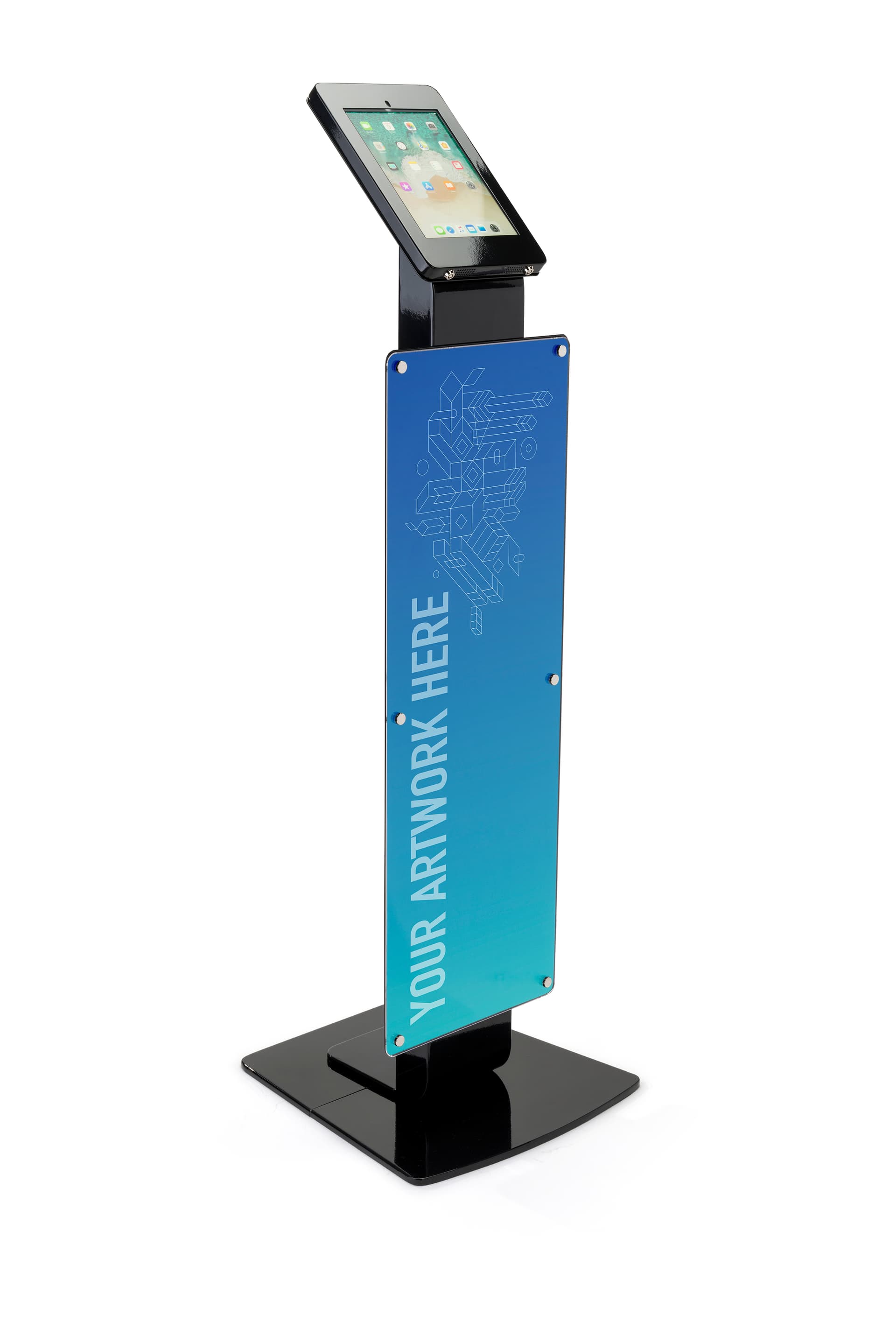 Pillar base iPad Pro kiosk with printed poster fits 10.5" tablet