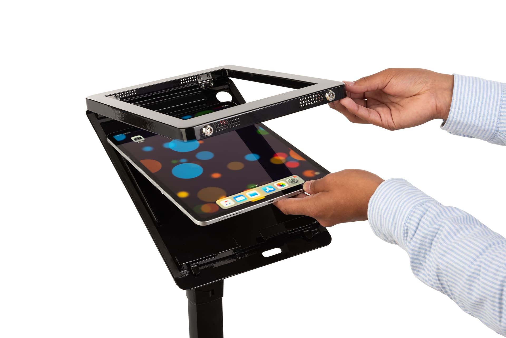 iPad pro convertible floor stand with easy-to-use tablet enclosure