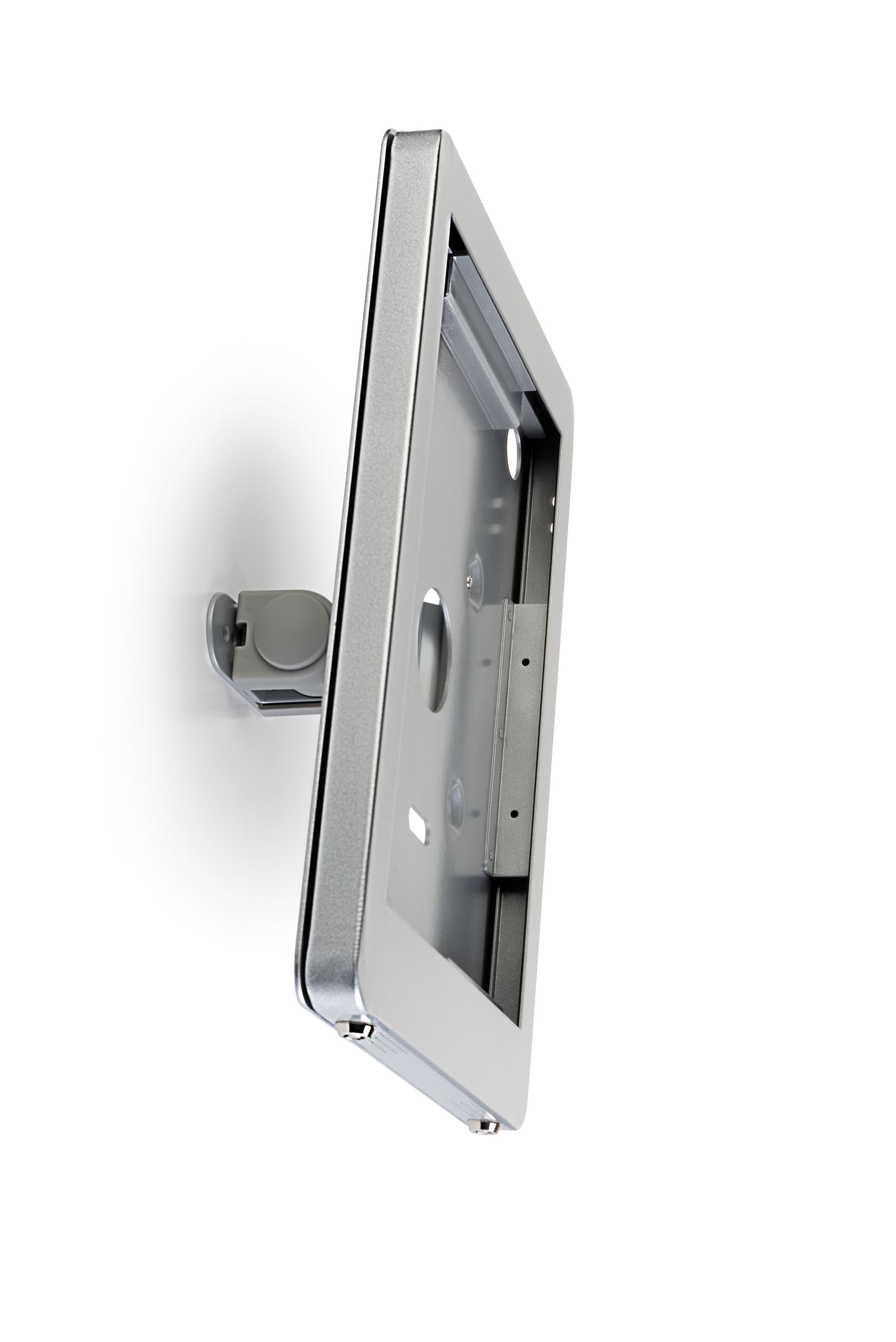 Secure iPad wall mount with twisting abilities to capture multiple angles 