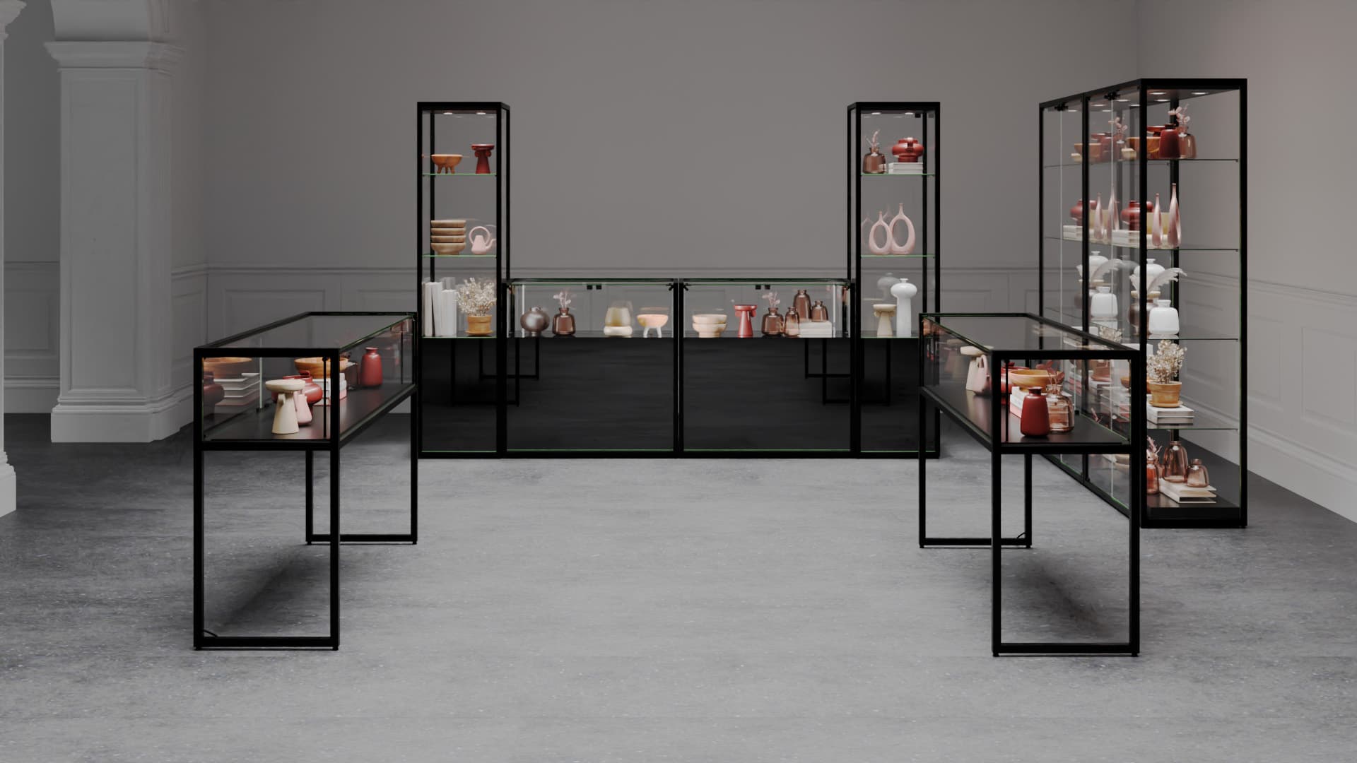 Showcase table with green edged glass construction 