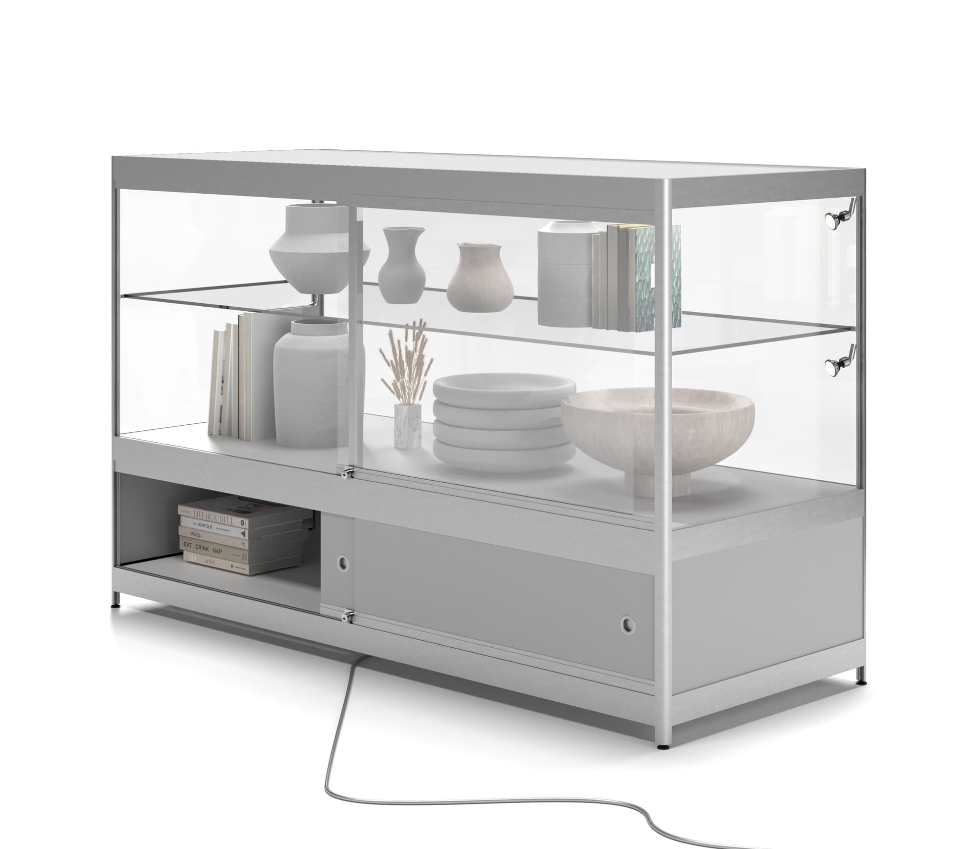 Display case with cabinet for storage