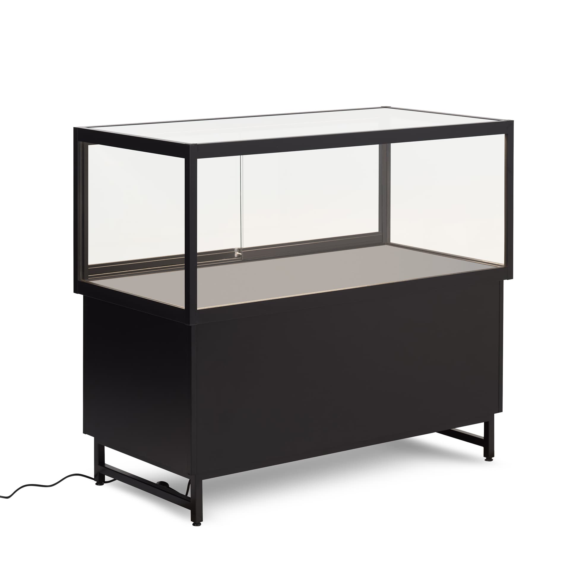 Retail store display case with tempered glass