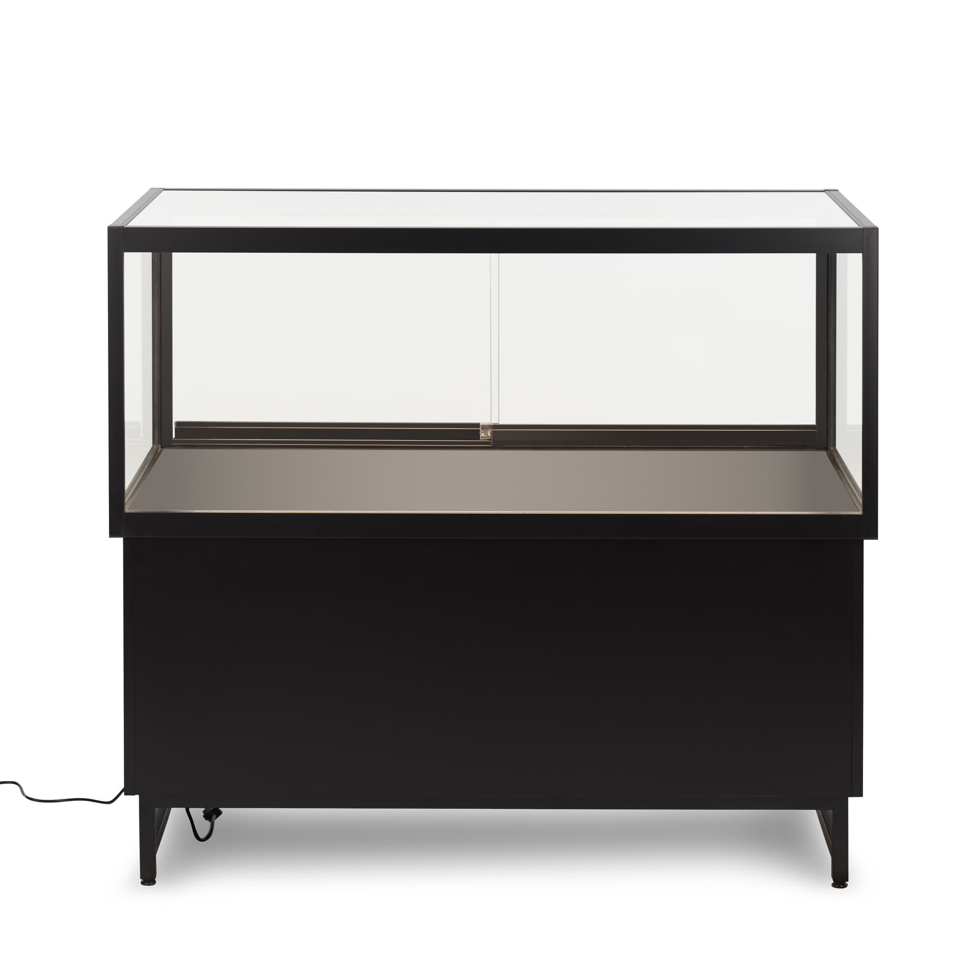 Retail store display case with black frame