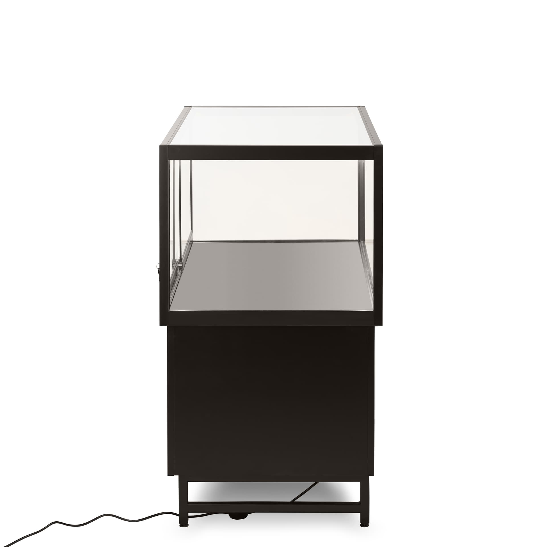 Retail store display case with raised base