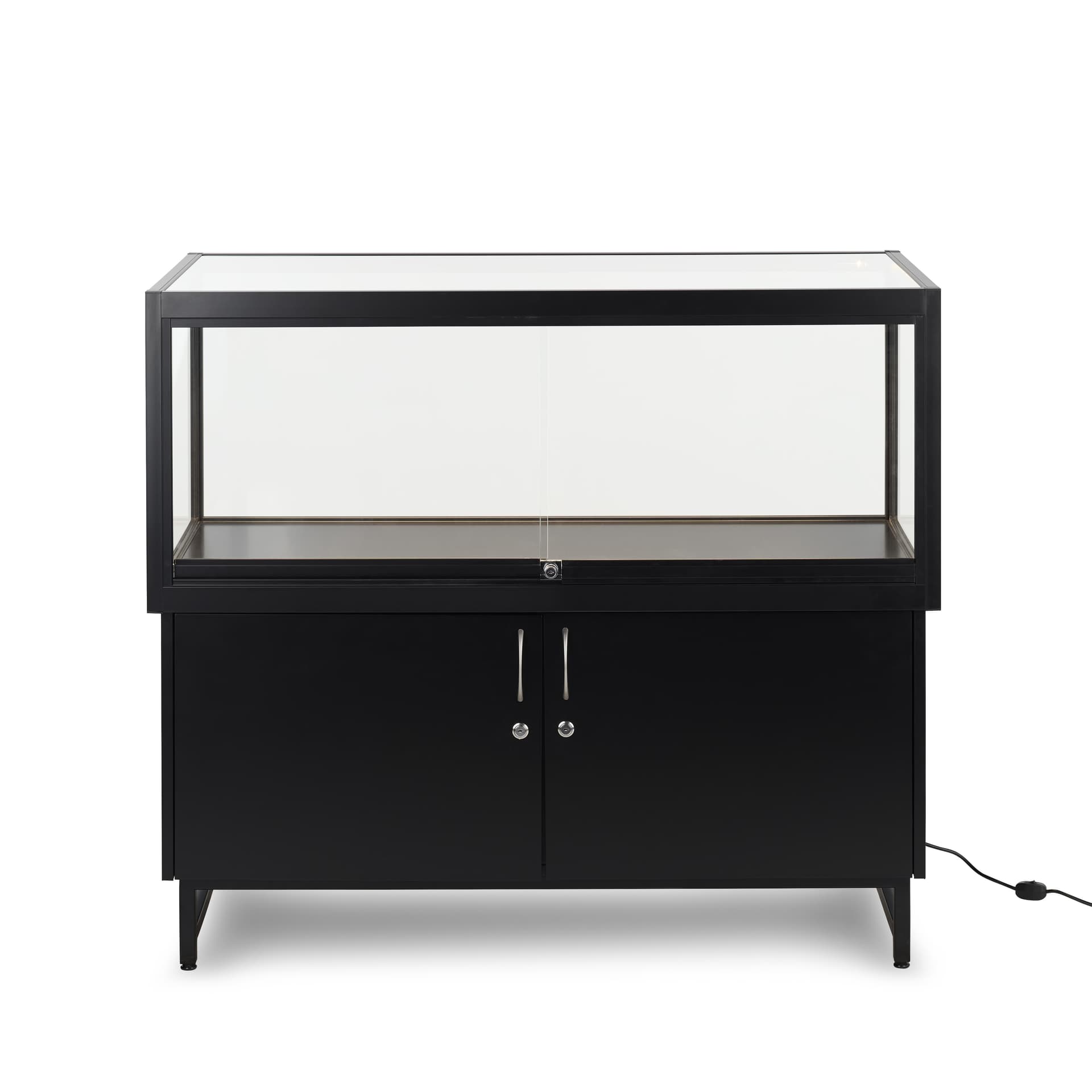 Retail store display case with sliding glass door
