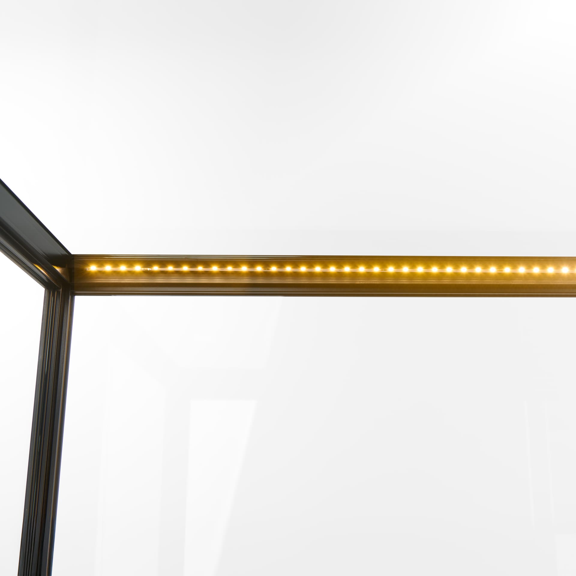 Retail store display case with warm white front and back LED light strip