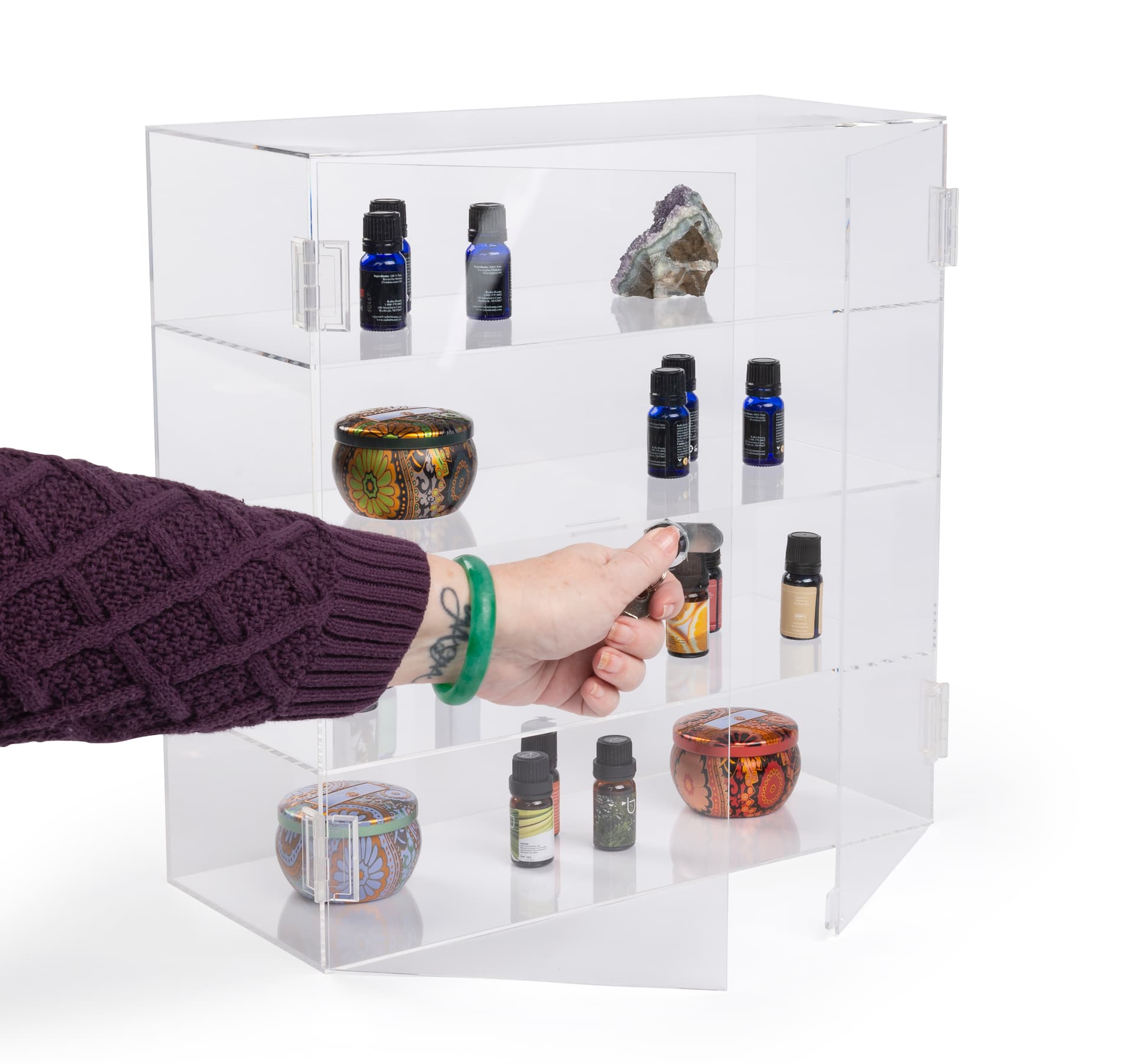 Acrylic display case with swing open doors