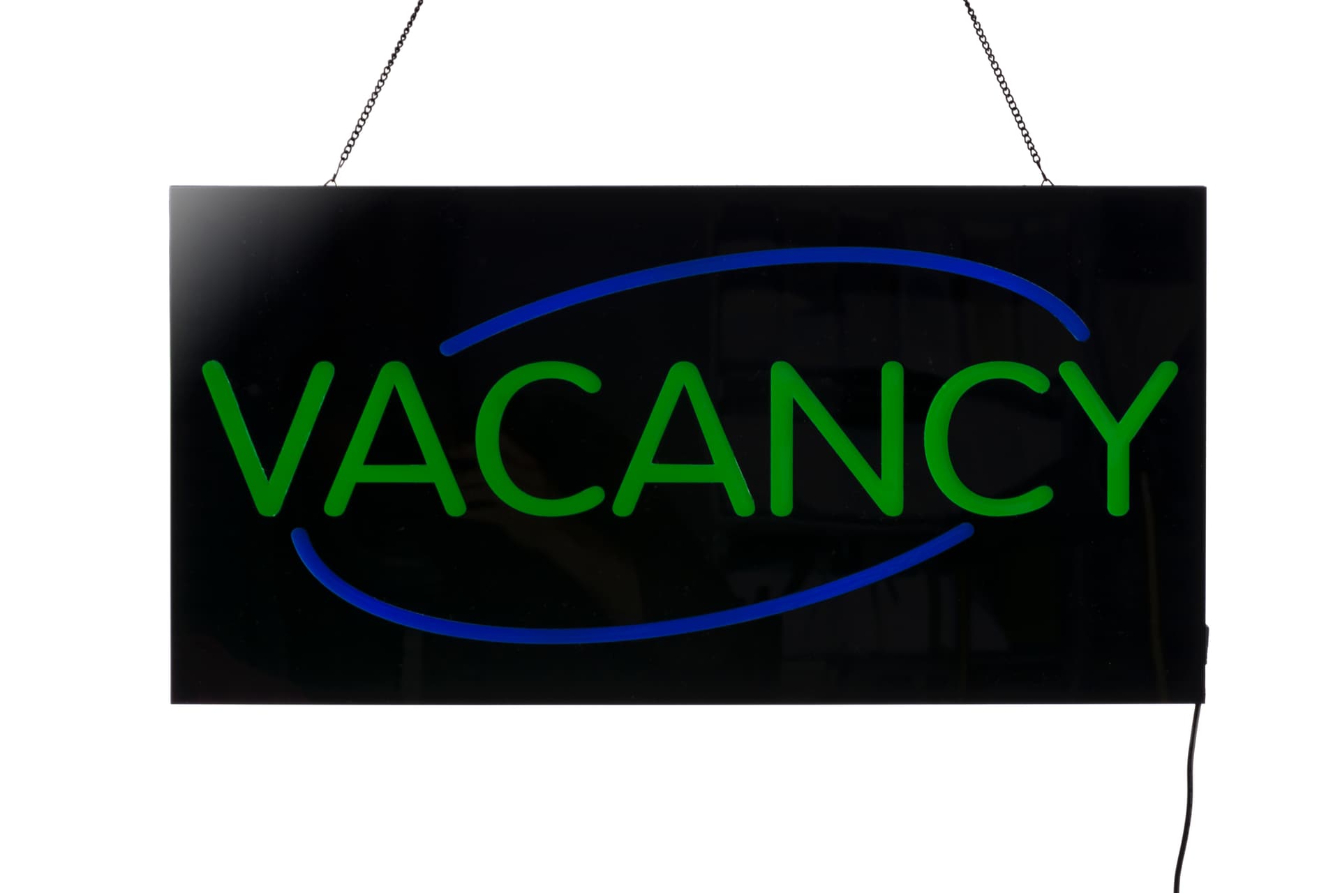 LED “Vacancy” Sign with Neon Green and Blue Lighting