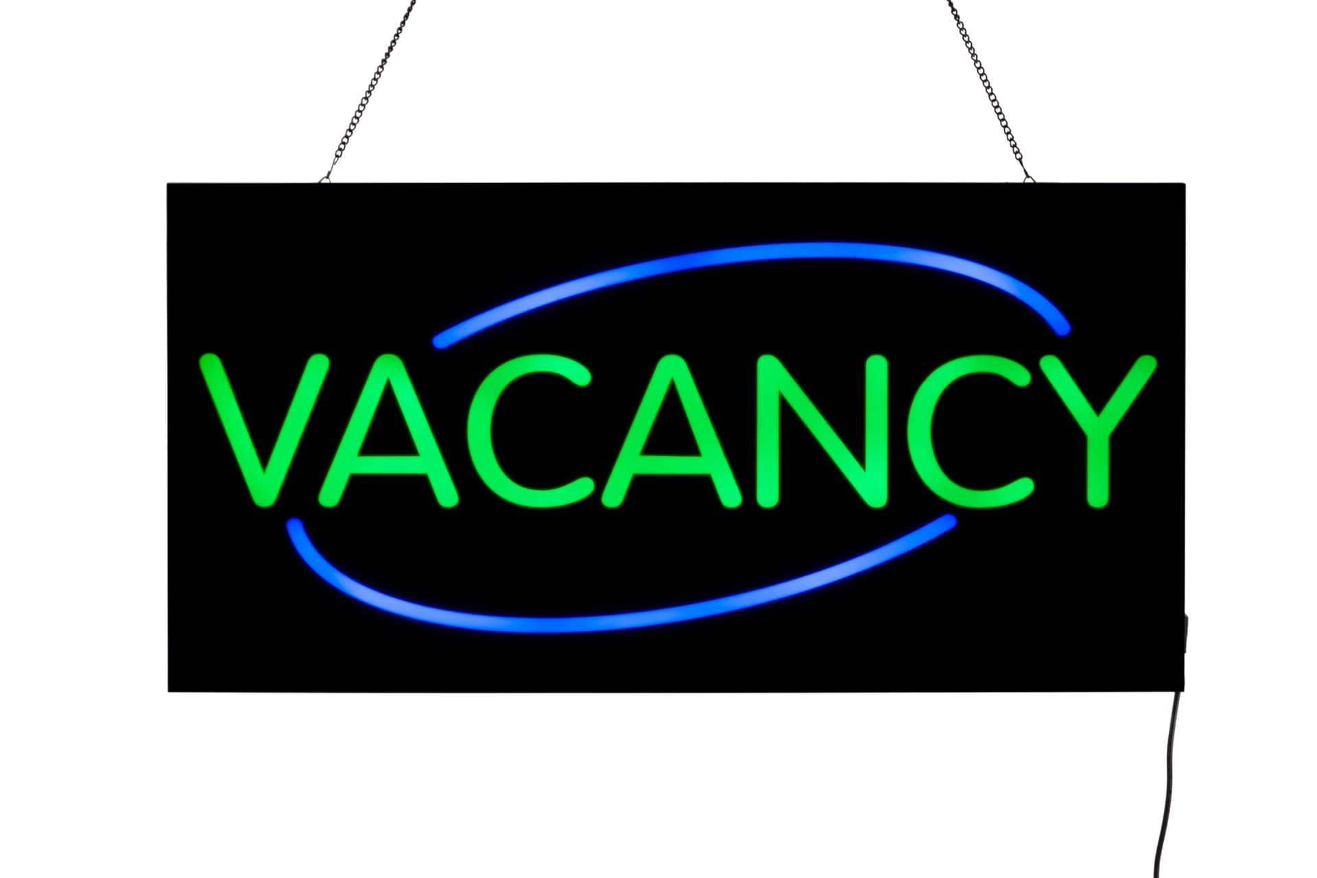 LED “Vacancy” Sign with Neon Green and Blue Lighting