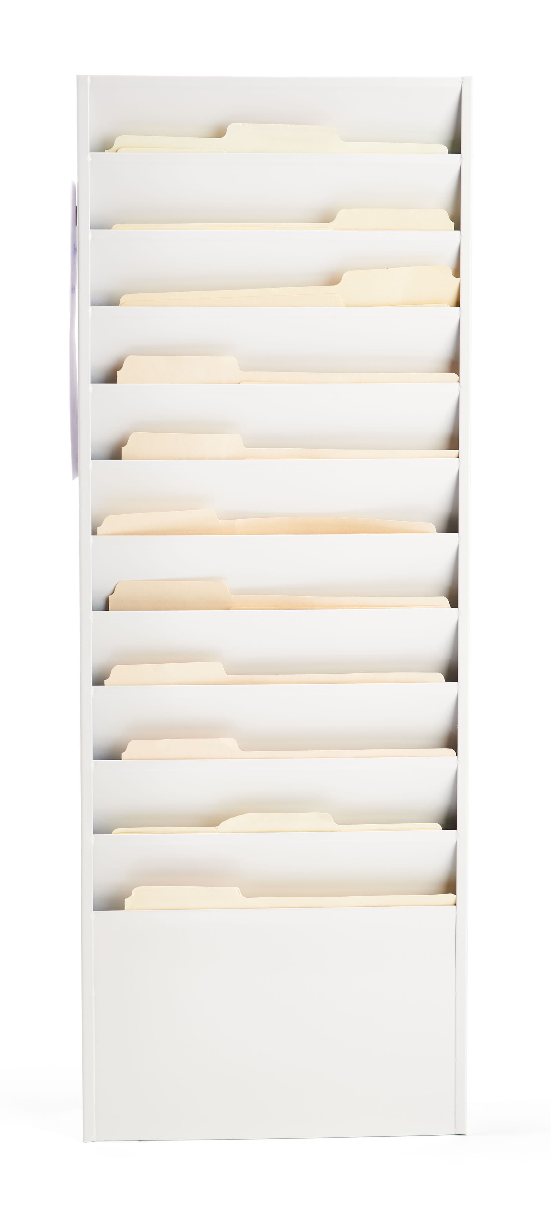 White metal wall mount file holder with 12.4 inches by 8.4 inches pocket dimensions 