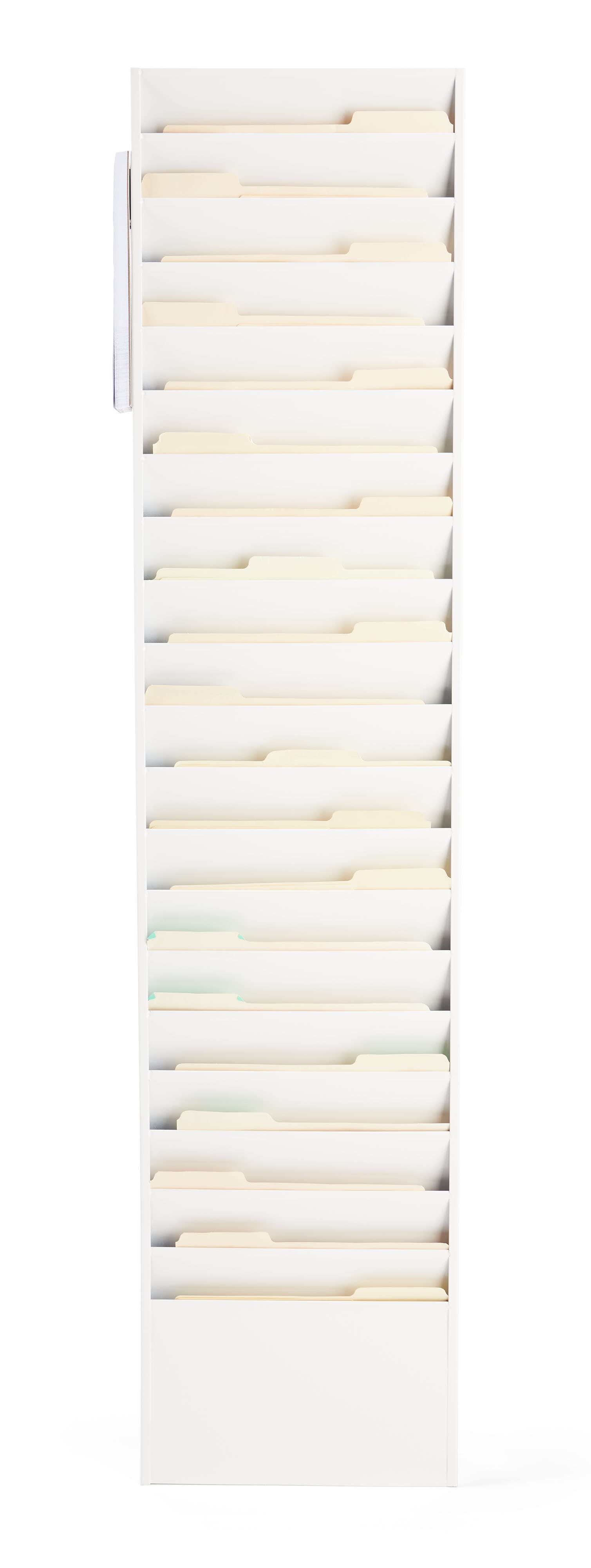 White steel wall file organizer offers a 20-pocket system