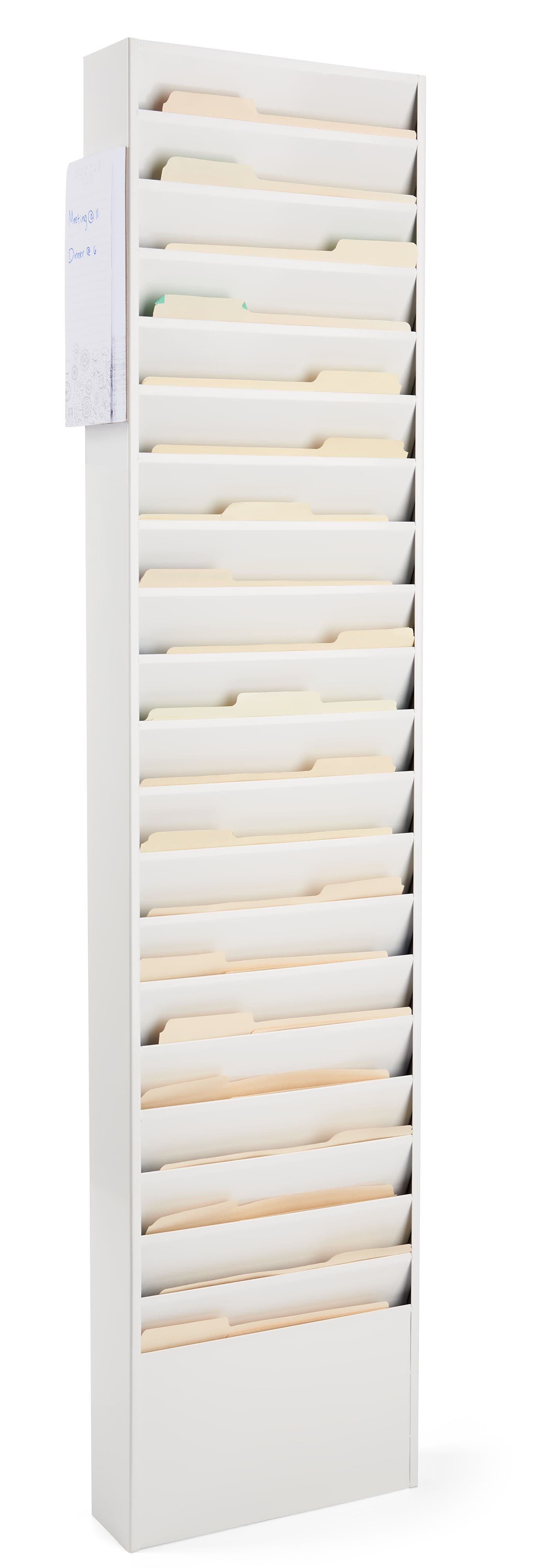 White steel wall file organizer holds letter-sized folders