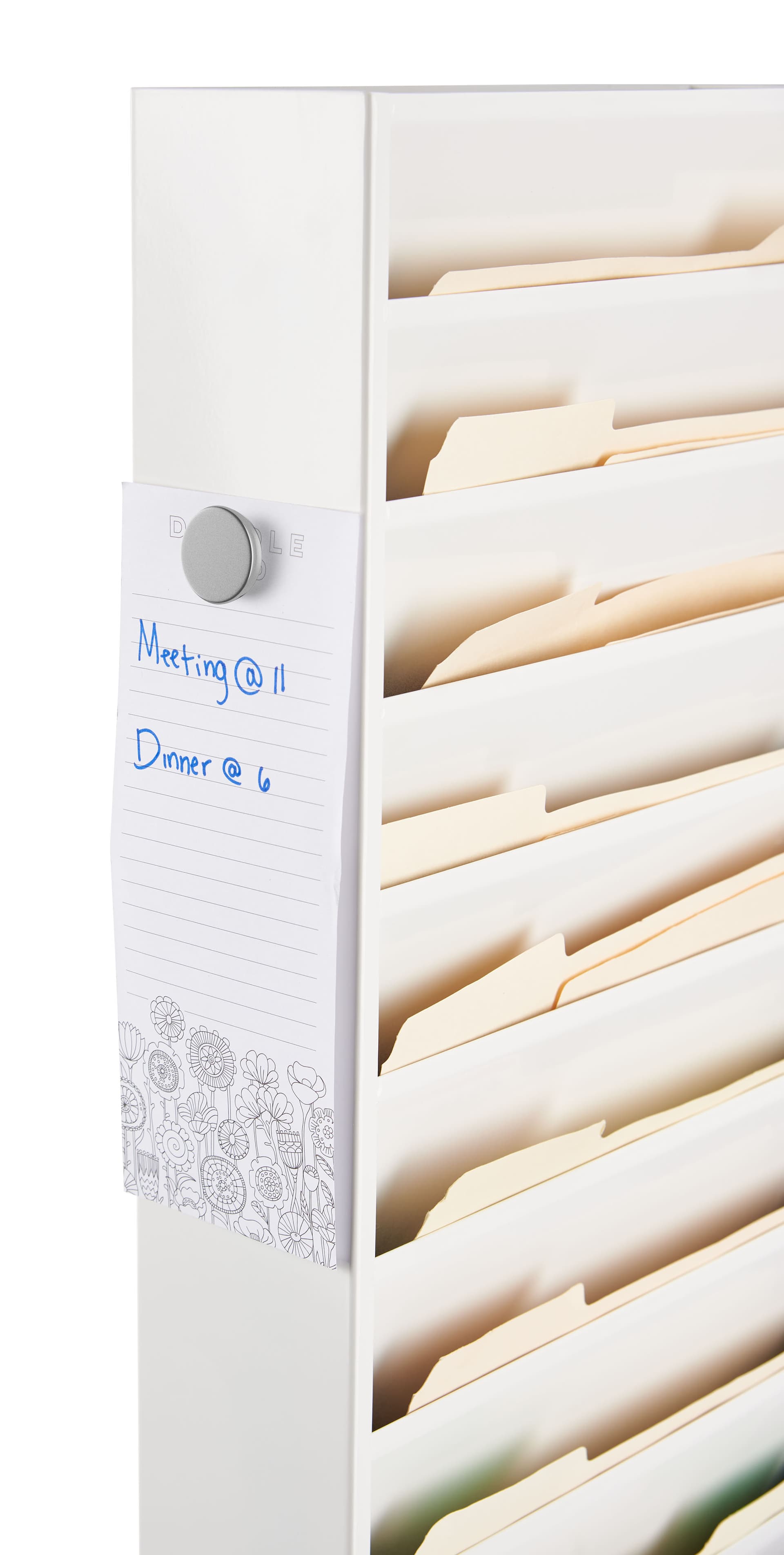 White steel wall file organizer features a magnetic surface