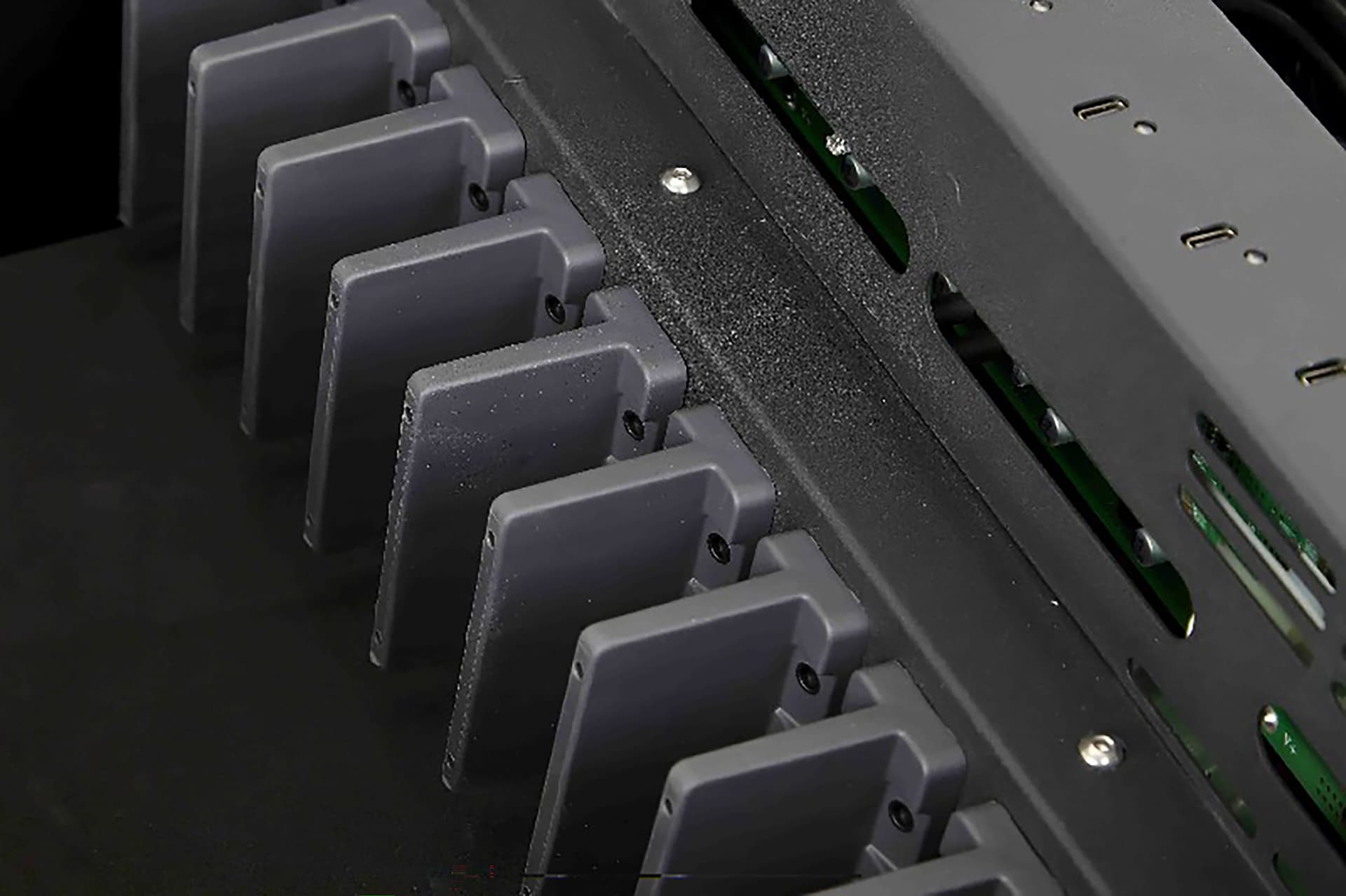 Tablet charging cart with lid open, bay detail